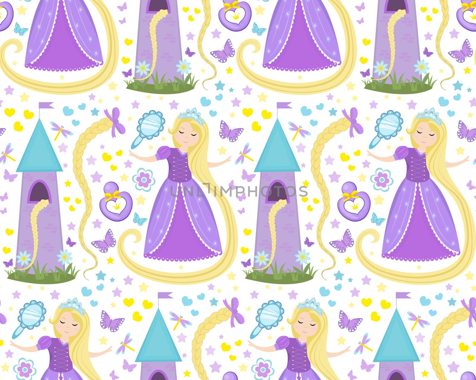 Rapunzel seamless pattern. Princess repeating texture, endless backdrop backdrop. illustration by lucia_fox