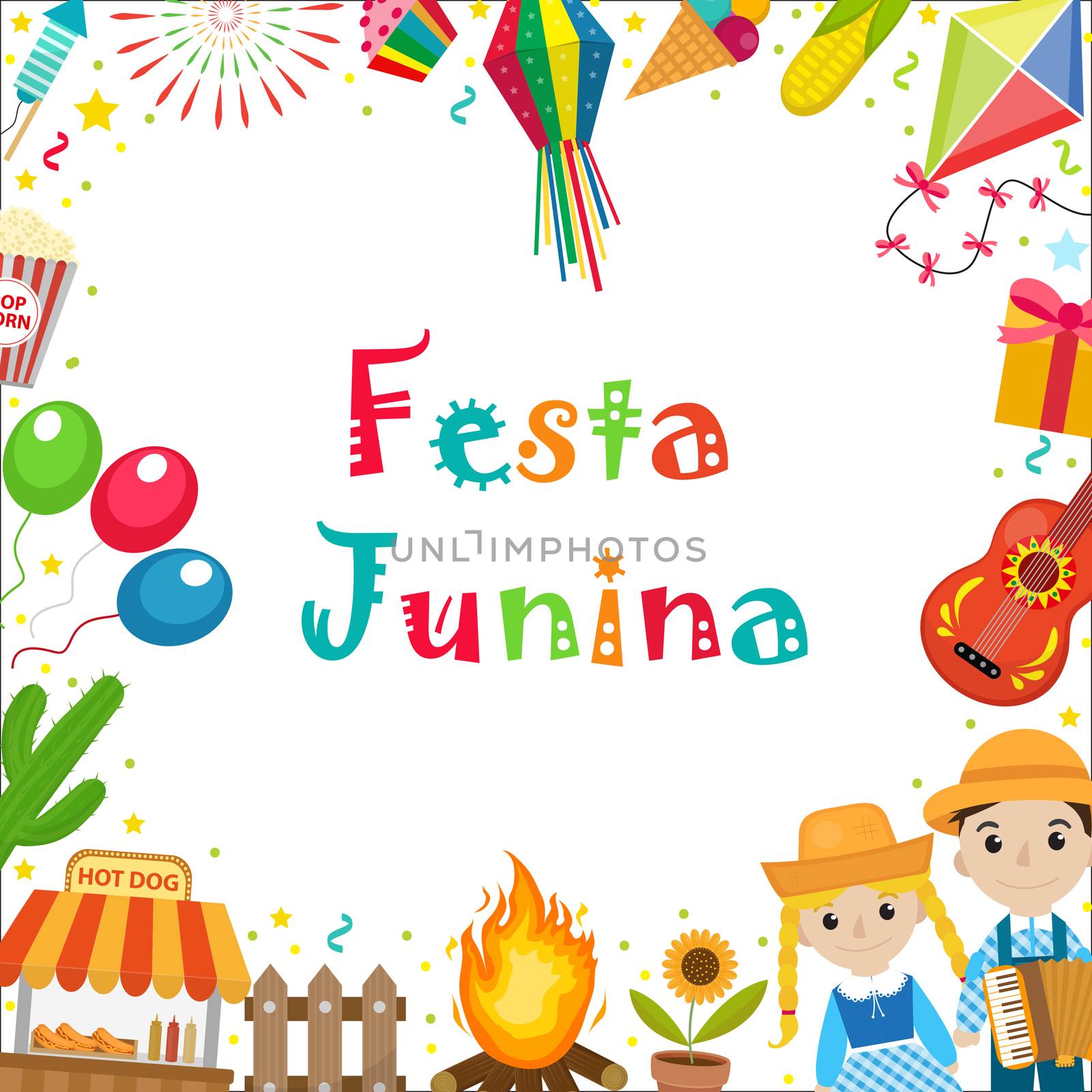 Festa Junina frame with space for text. Brazilian Latin American festival blank template for your design with traditional symbols. illustration. by lucia_fox