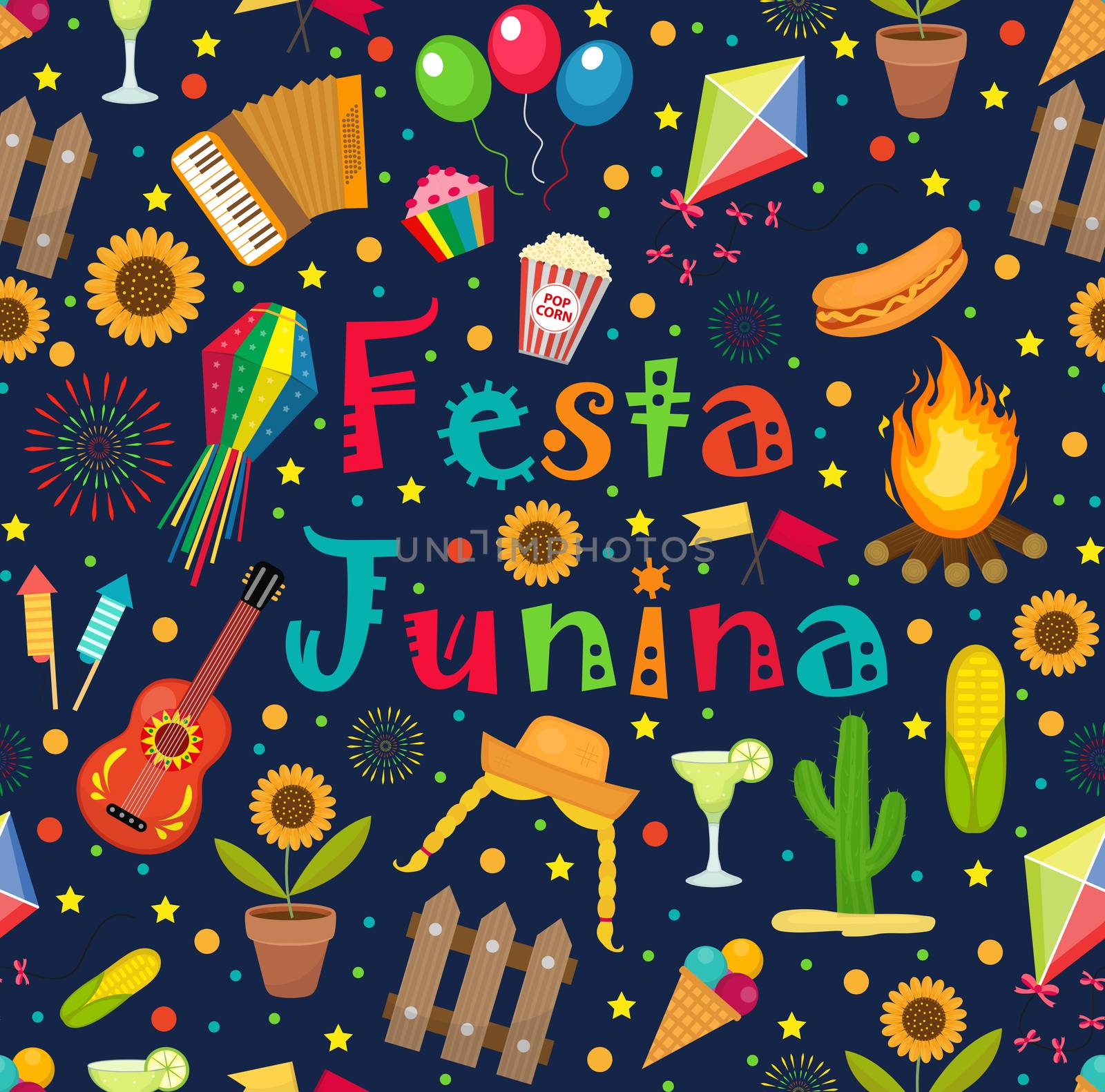 Festa Junina seamless pattern. Brazilian Latin American festival endless background. Repeating texture with traditional symbols. illustration. by lucia_fox