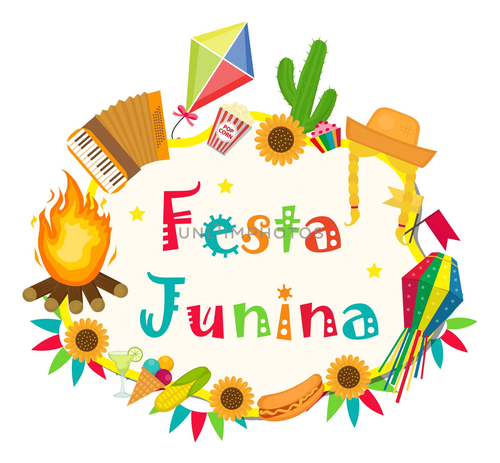 Festa Junina frame with space for text. Brazilian Latin American festival blank template for your design, isolated on white background. illustration. by lucia_fox