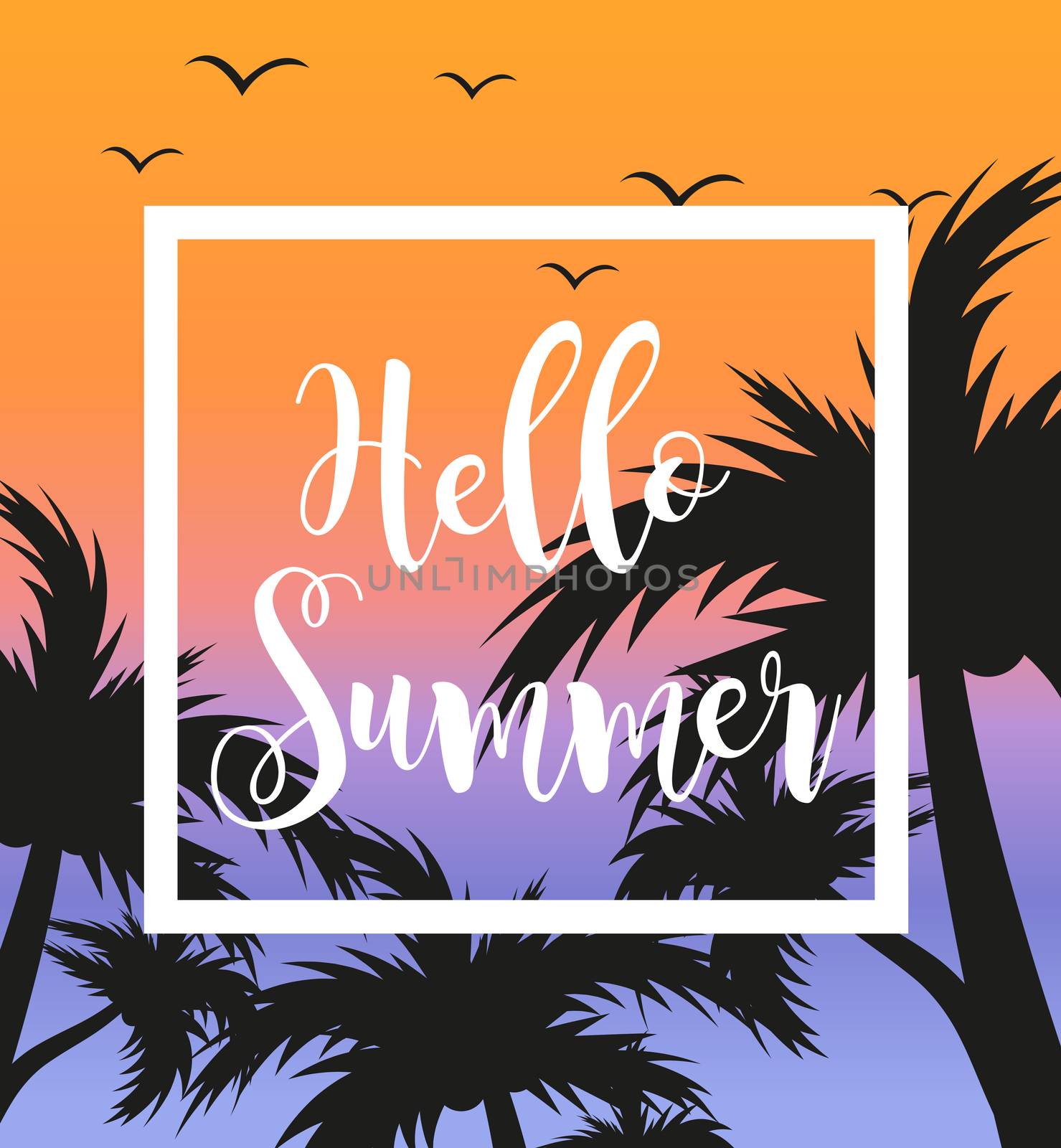 Hello summer template for poster in white frame on a background of sunset and palm trees. Beach concept, vacation, holiday by the sea. illustration