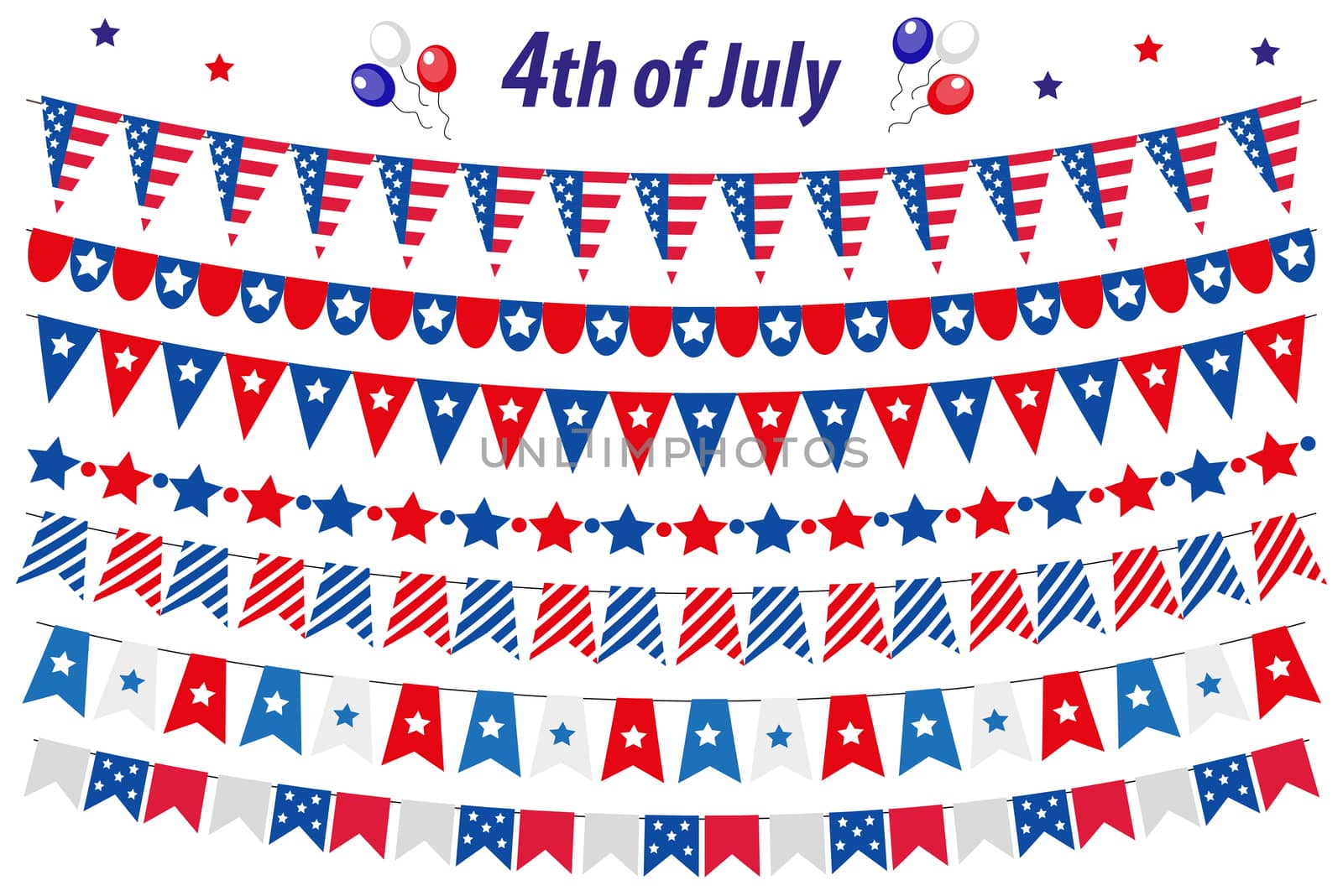 American Independence Day, celebration in USA, set bunting, flags, garland. Collection of decorative elements for July 4th national holiday. illustration, clip art