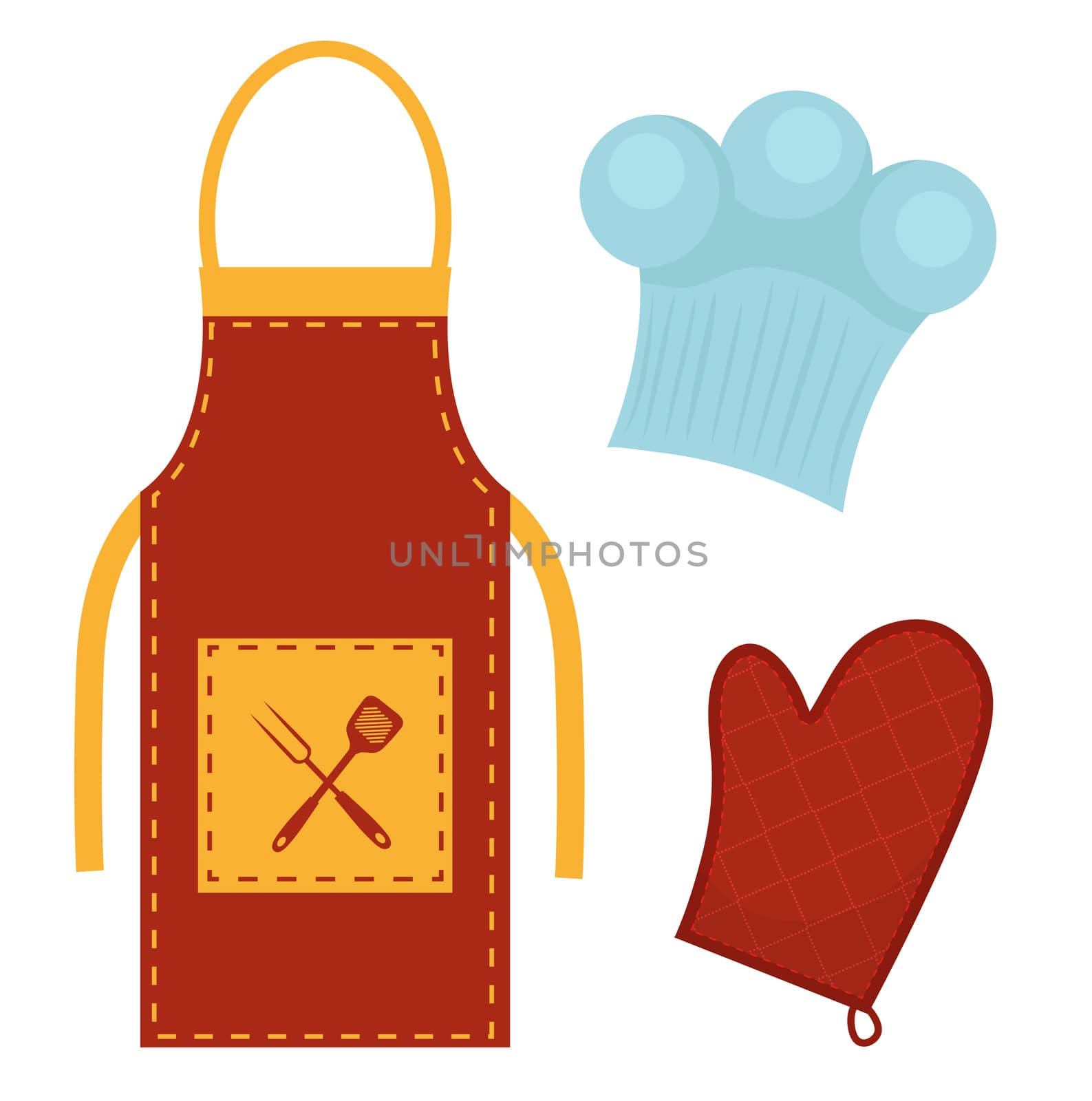 Kitchen set with apron, cook cap, potholder. Clothes for cooking, restaurant concept. Chef's uniform. Isolated on white background. illustration
