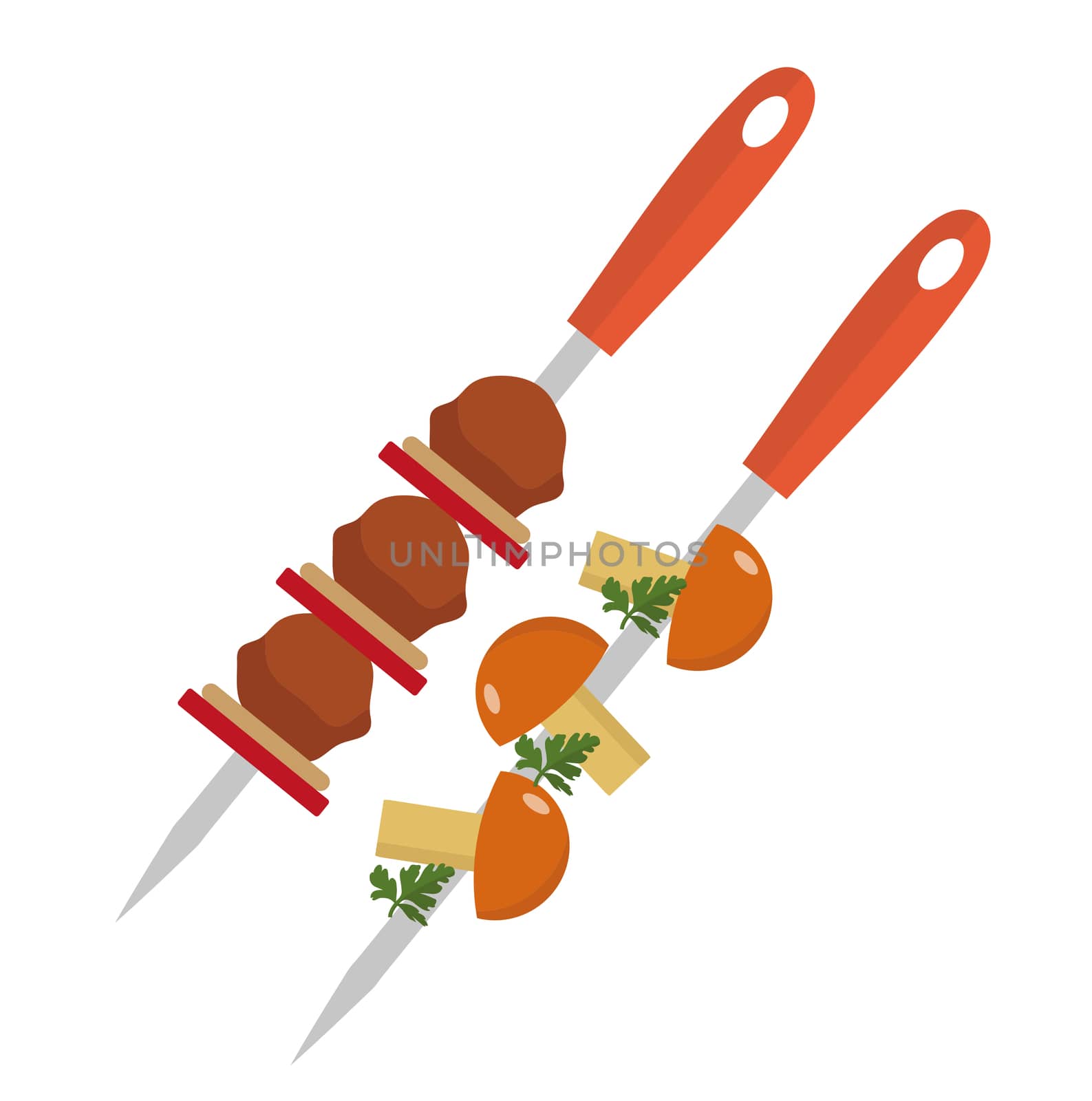 Shish kebab on skewers with pork and mushrooms icon, flat style. Isolated on white background. illustration