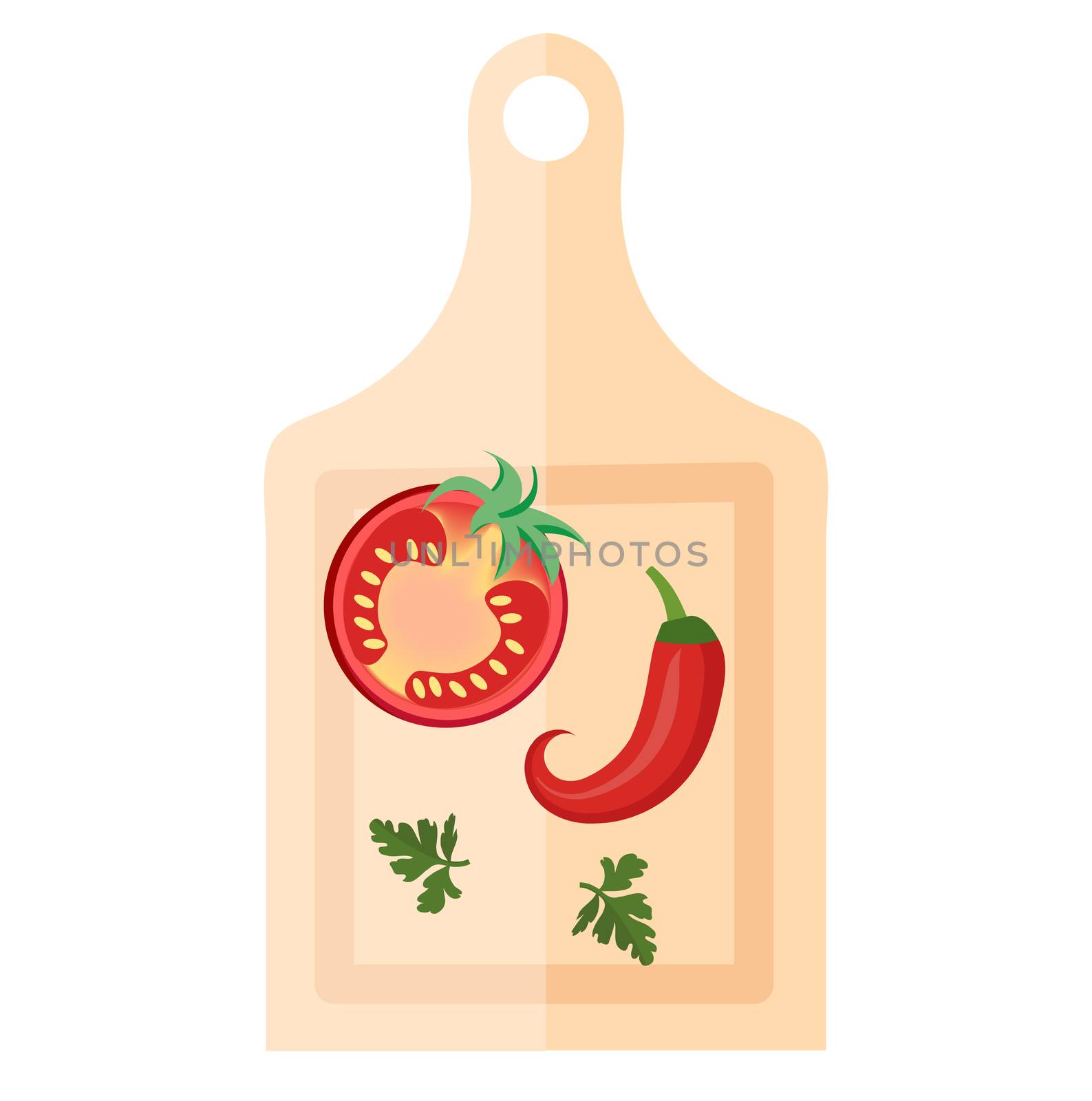 Wooden board for cutting vegetables with peppers and tomato icon, flat style. Isolated on white background. illustration. by lucia_fox