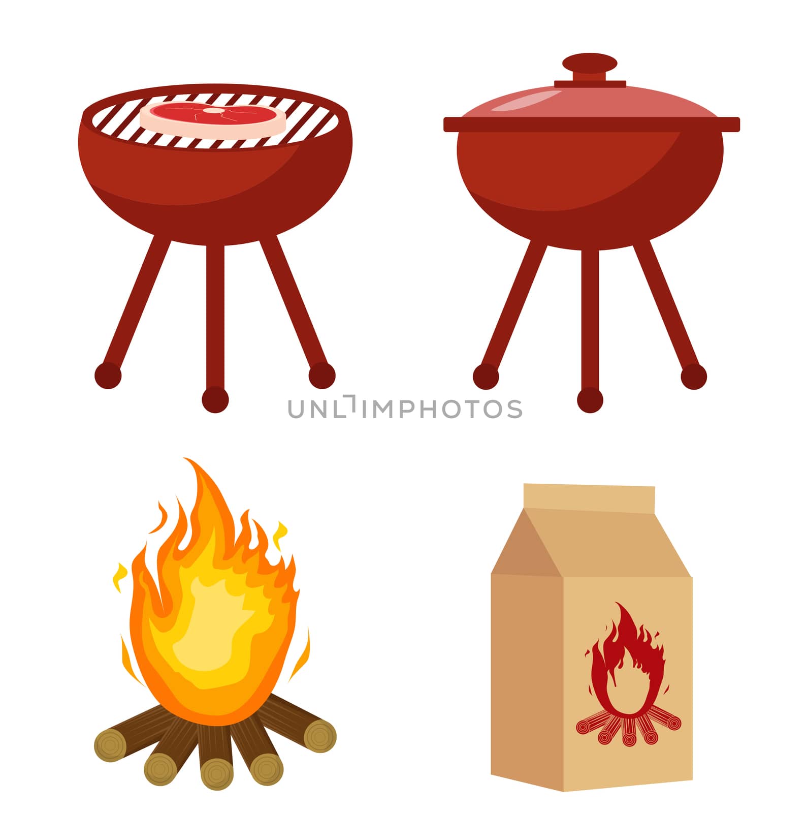 Set for barbecue and grill with charcoal, bonfire. Collection for BBQ. Isolated on white background. illustration. by lucia_fox