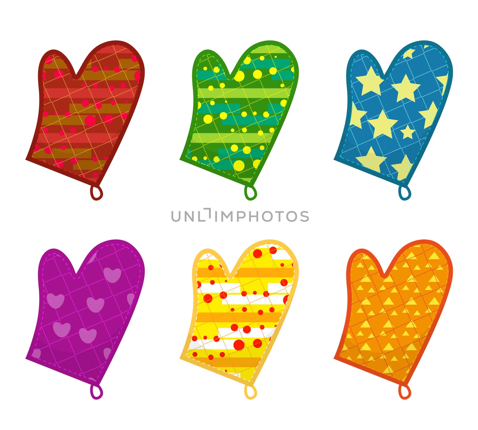 Kitchen potholders, mittens with different patterns. Isolated on white background. illustration, clip-art