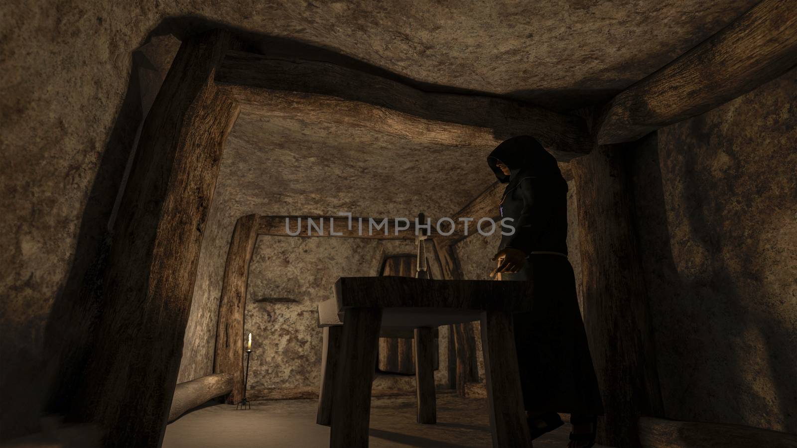 Monk - priest - in front of the cross in the crypt by ankarb