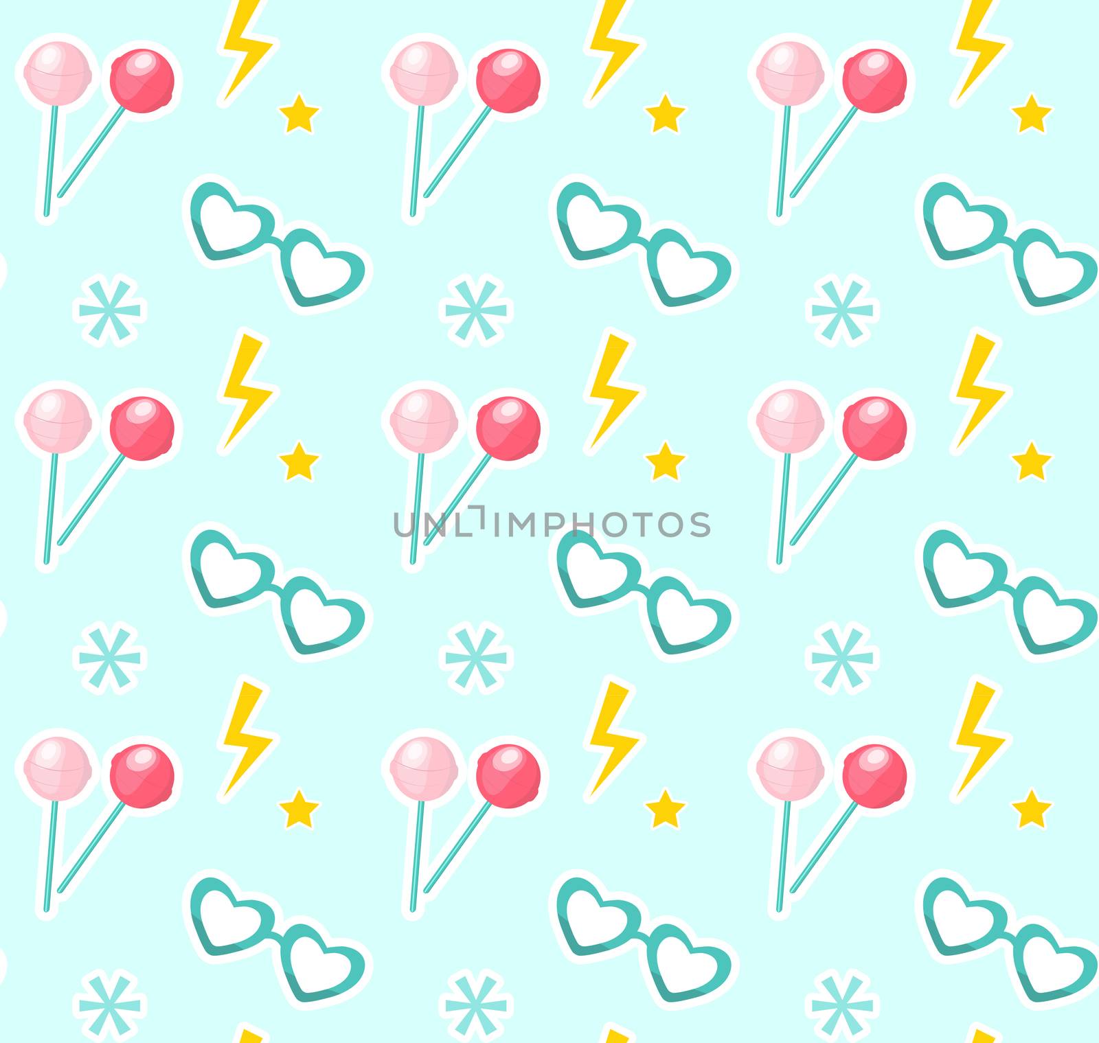 Candy on sticks, glasses in the shape of heart seamless pattern. Fashionable modern endless background, repeating texture. illustration. by lucia_fox