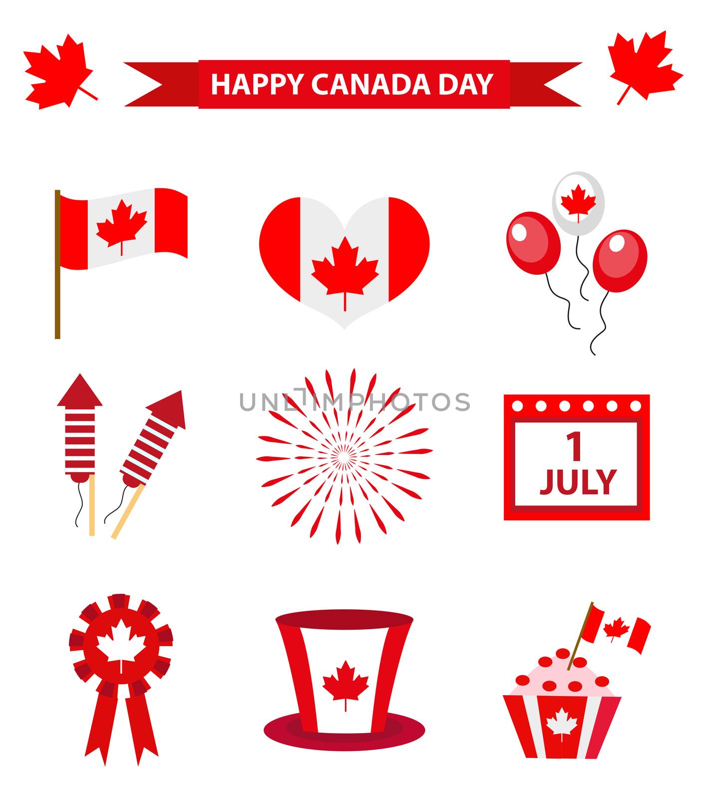 Happy Canada Day icons set, design elements, flat style. July 1 National Day of Canada holiday collection of objects with firework, flag, hat, balloons, emblem. illustration. by lucia_fox