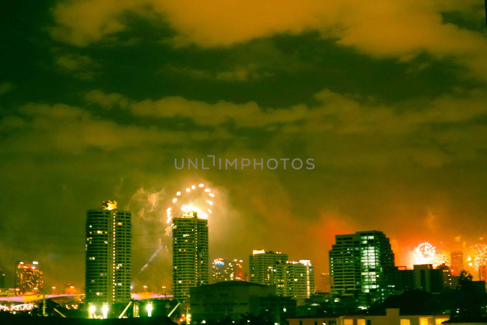 Fireworks display over the Bangkok city in Thailand.