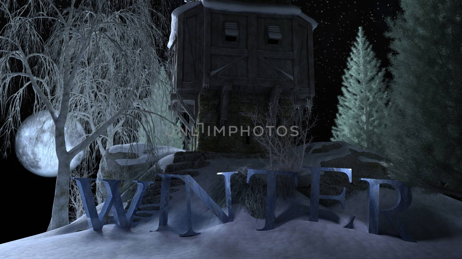 Winter cottage on the hill against moonlight sky with text by ankarb