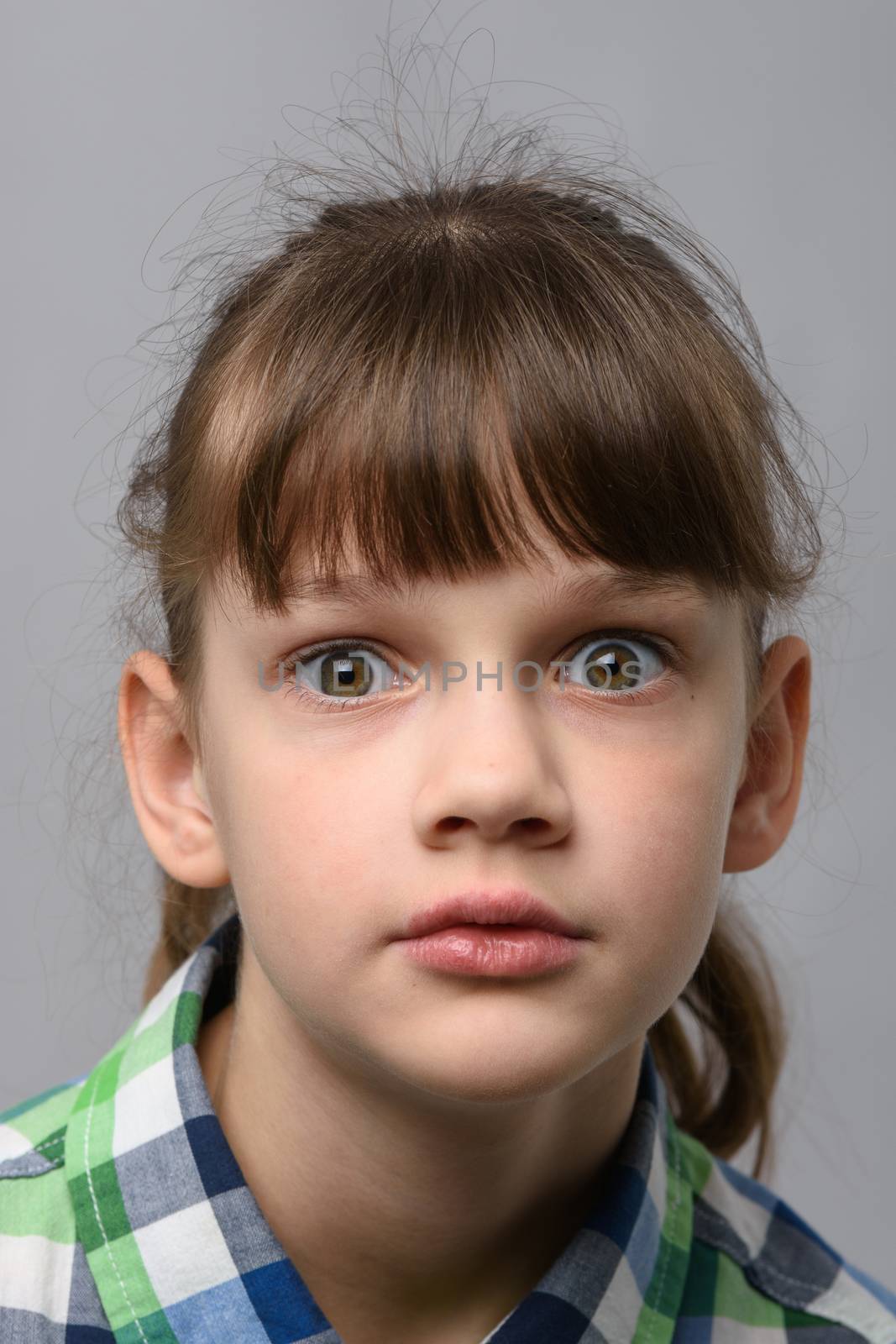 Portrait of ten year old girl in shock with bulging eyes, European appearance, close-up
