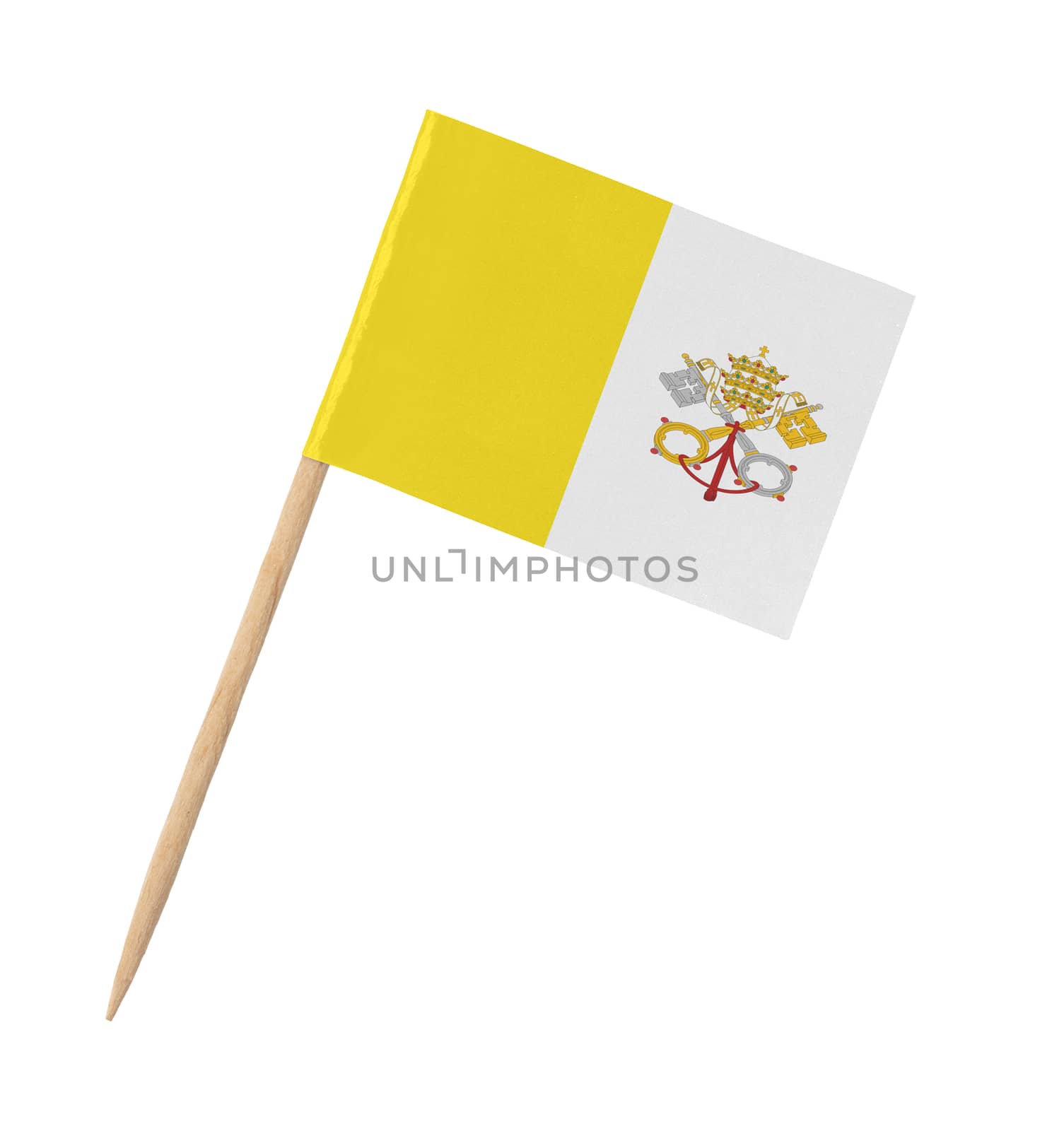 Small paper flag of the Vatican City on wooden stick, isolated on white