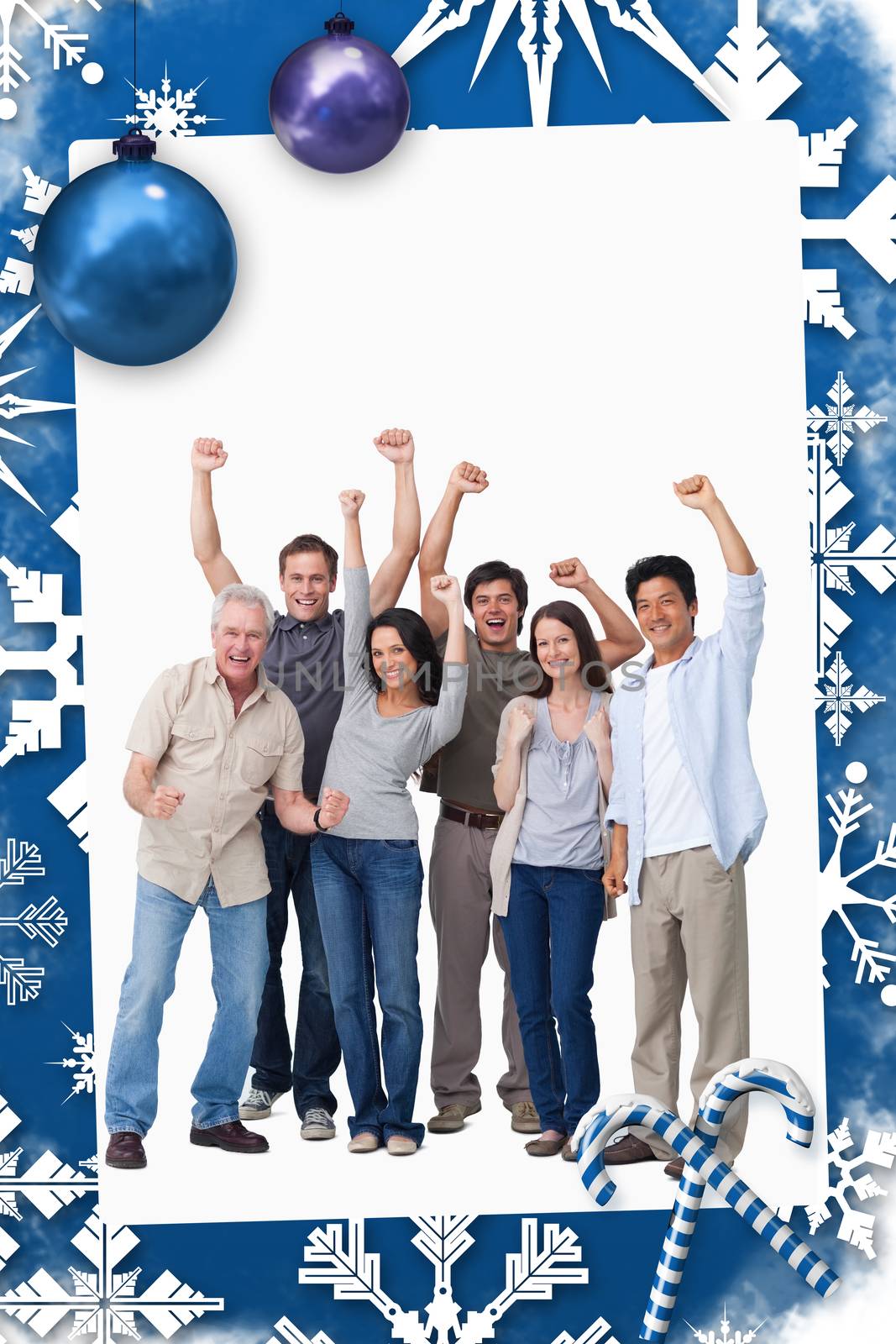Cheering group of people against christmas frame