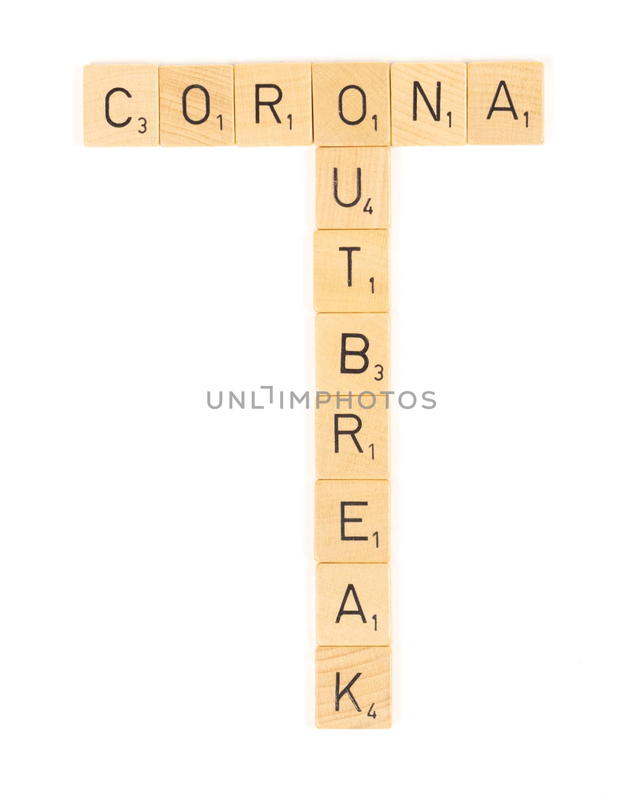 Corona outbreak scrable letters, isolated on a white background