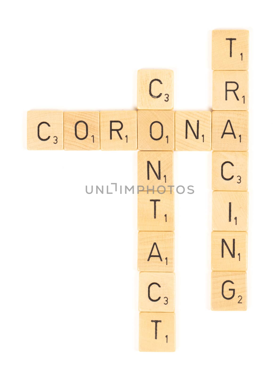 Corona contact tracing scrable letters, isolated on a white background