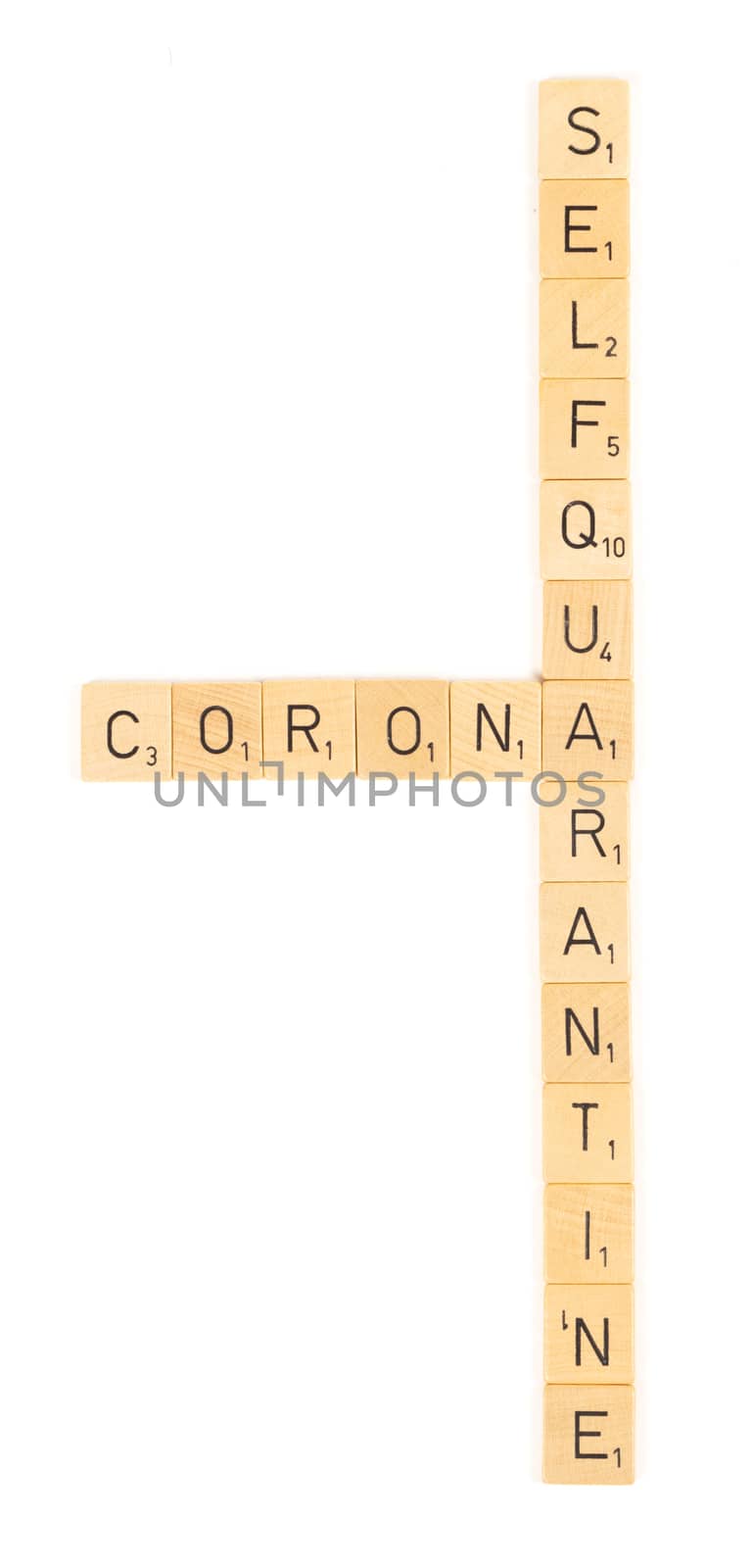 Corona self quarantine scrable letters, isolated on a white background