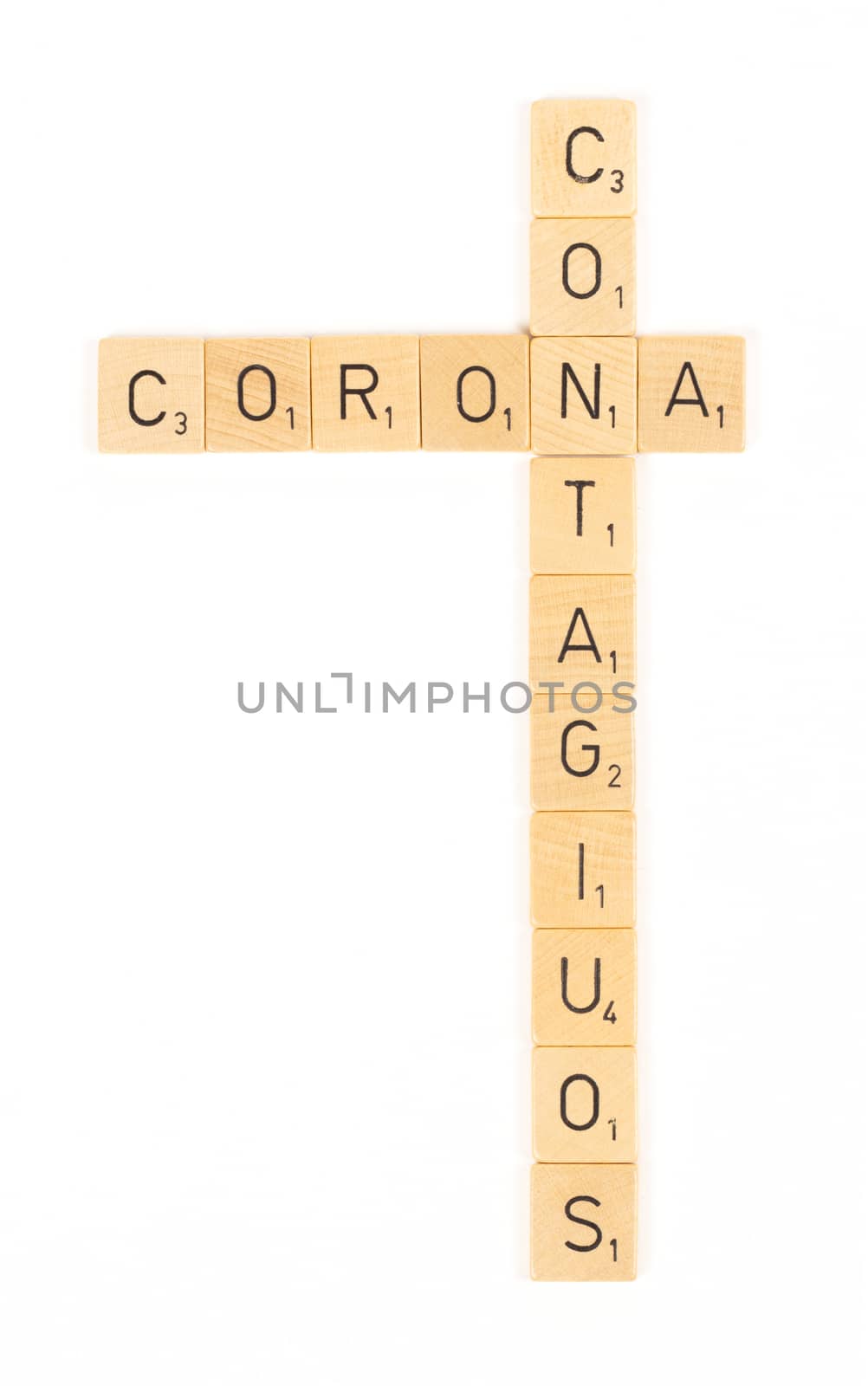 Corona contagious scrable letters, isolated on a white background