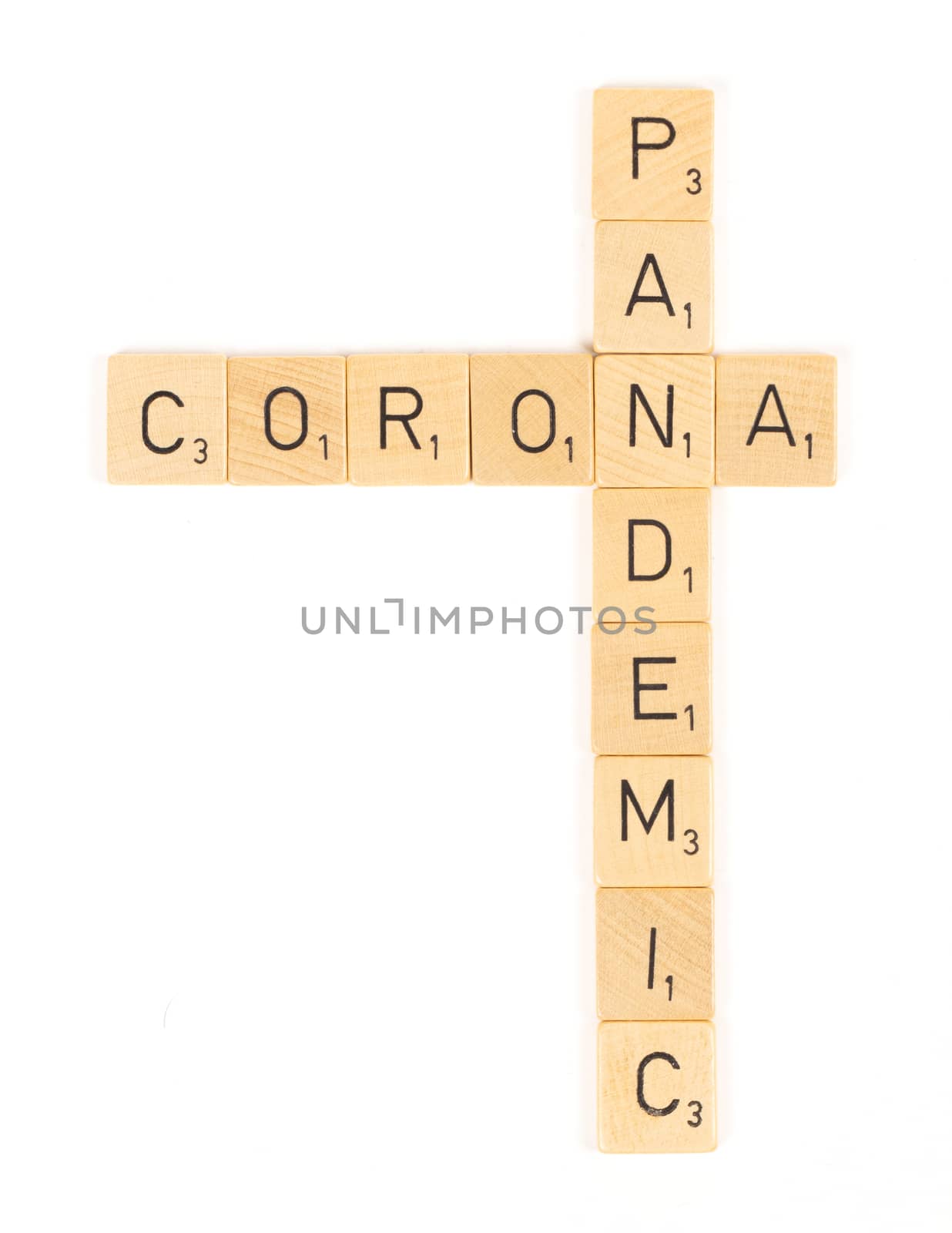 Corona pandemic scrable letters, isolated on a white background