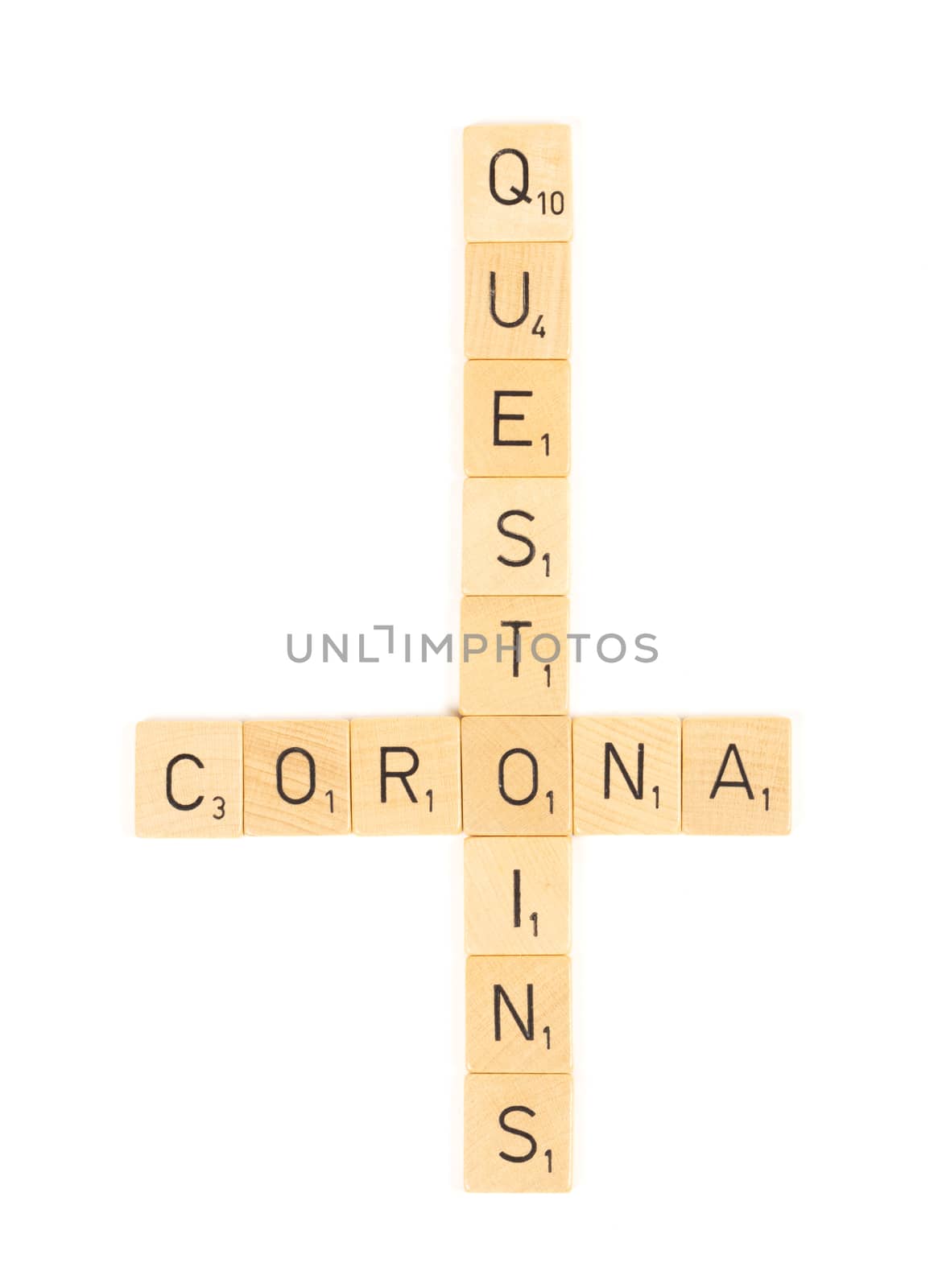 Corona questions scrable letters, isolated by michaklootwijk