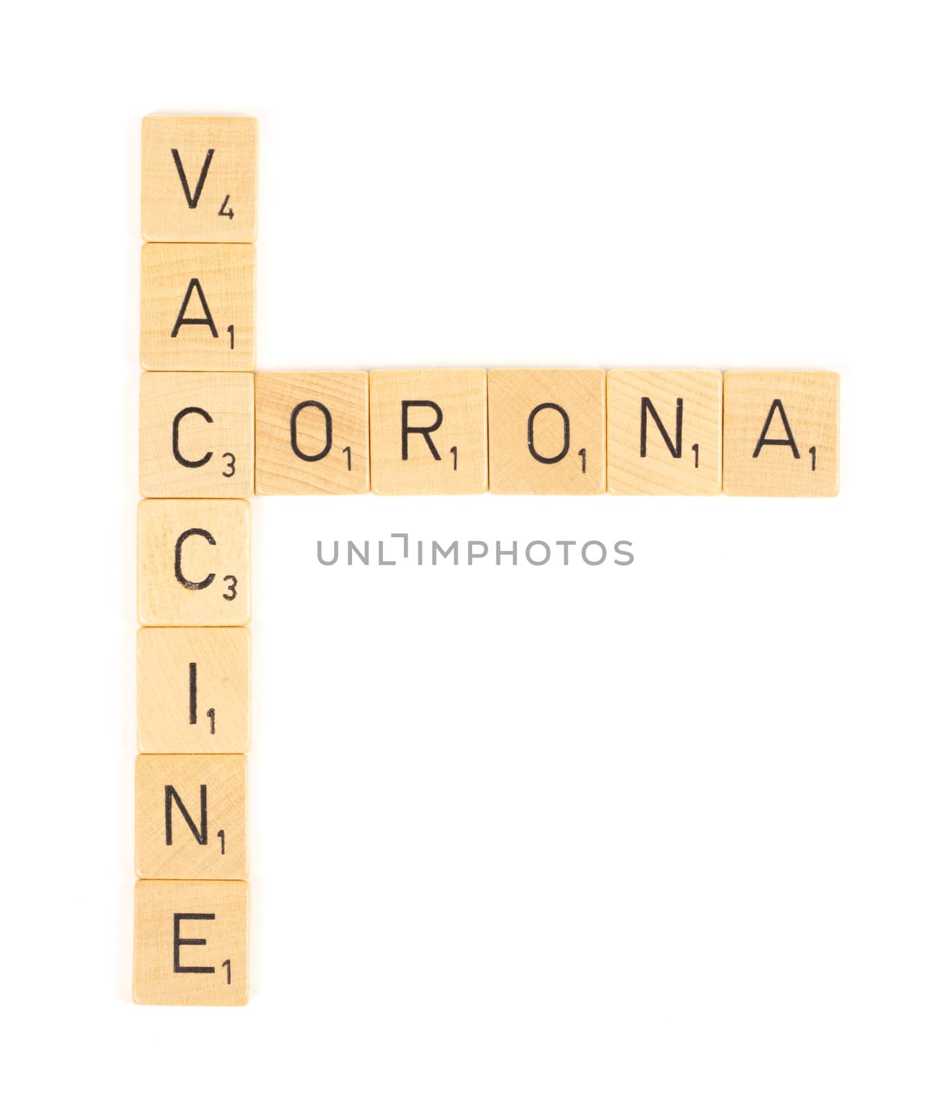 Corona vaccine scrable letters, isolated on a white background