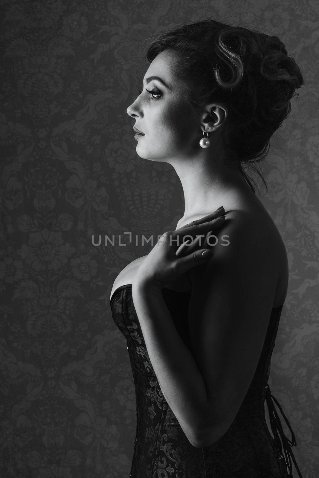 young brunette girl model and actress closeup portrait, black and white