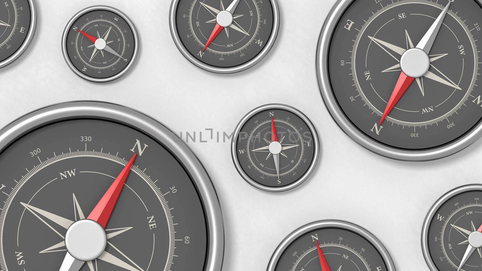 Many Metallic Compasses with Red Magnetic Needle Pointing in Different Directions on a Light Gray Plastered Background 3D Illustration