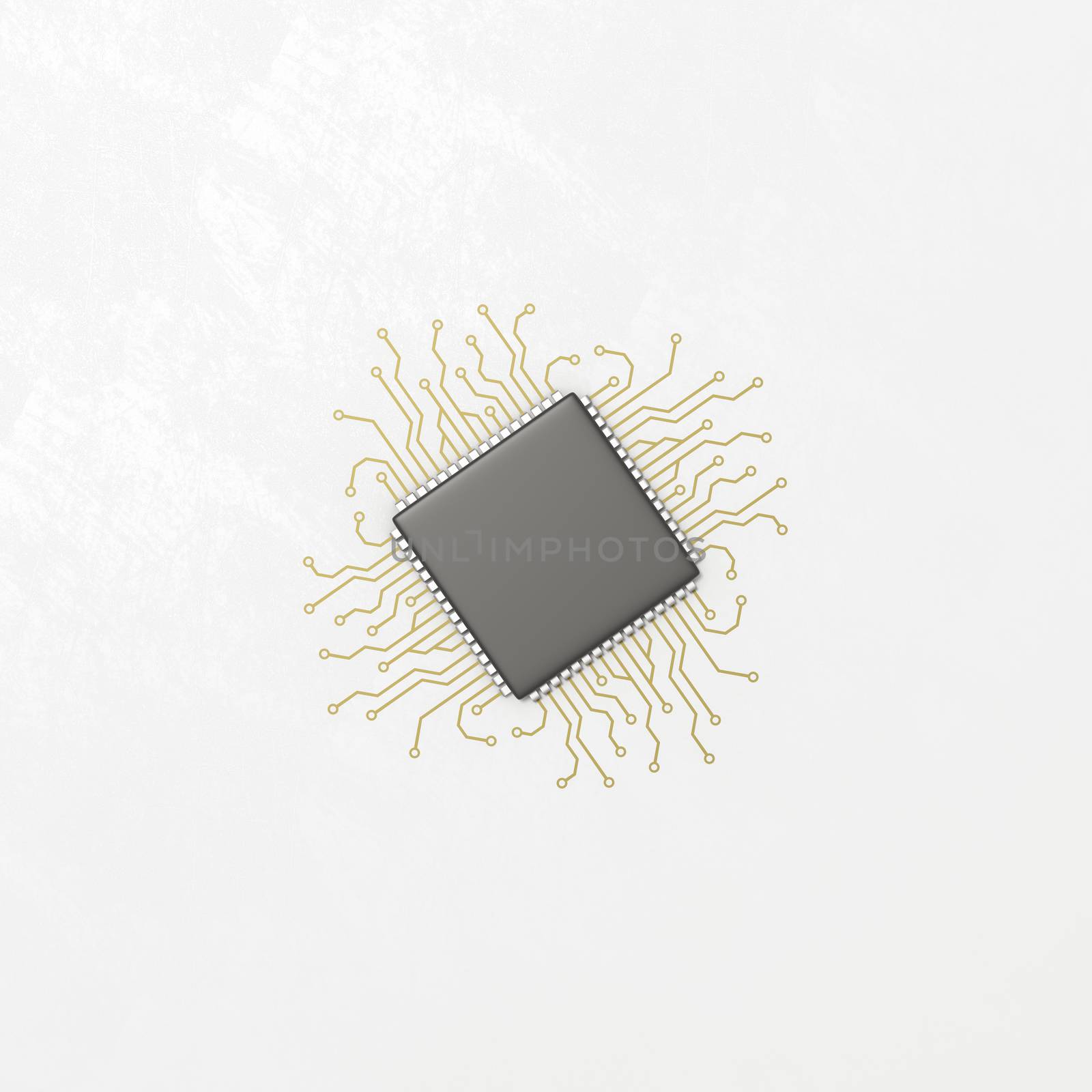 Black Computer Microchip Integrated Circuit with Conductive Traces on a Light Gray Plastered Background 3D Illustration