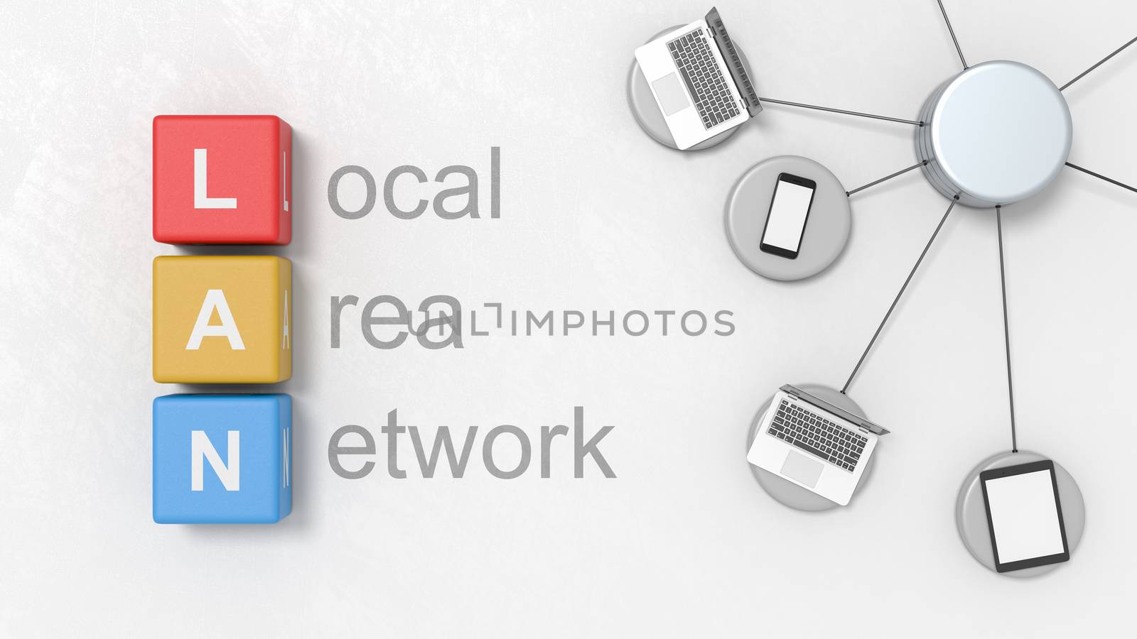 Black Local Area Network Text, LAN Acronym on Colorful Cubes, Laptop Computers, Mobile Phone and Tablet PC on a Light Gray Plastered Background 3D Illustration