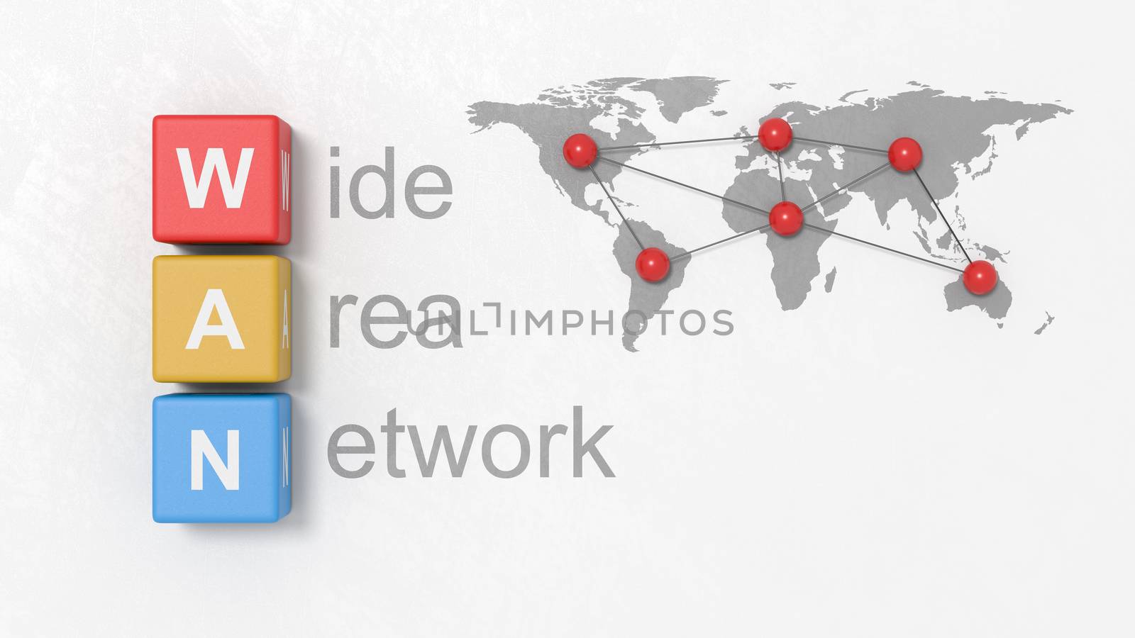 Black Wide Area Network Text, WAN Colorful Cubes and World Map with Red Spots Connected Together on a Light Gray Plastered Background 3D Illustration