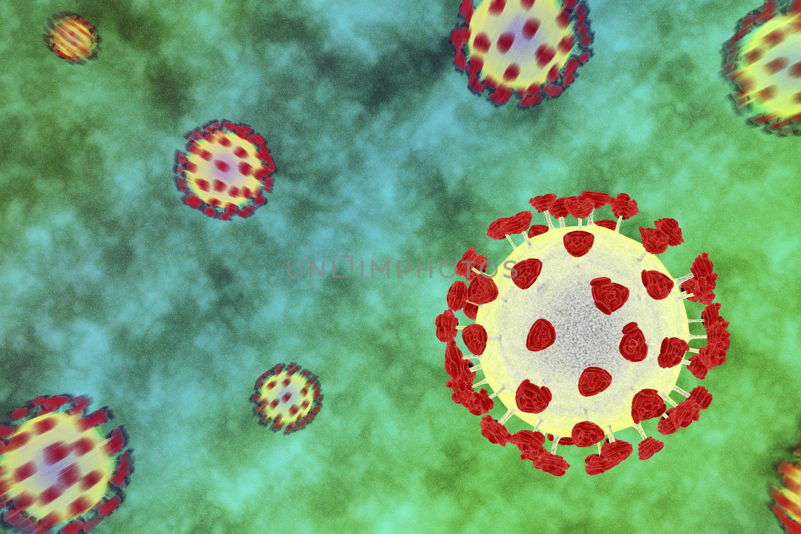 Concept image with many viruses for the pandemic of coronavirus disease 2019 (covid-19)