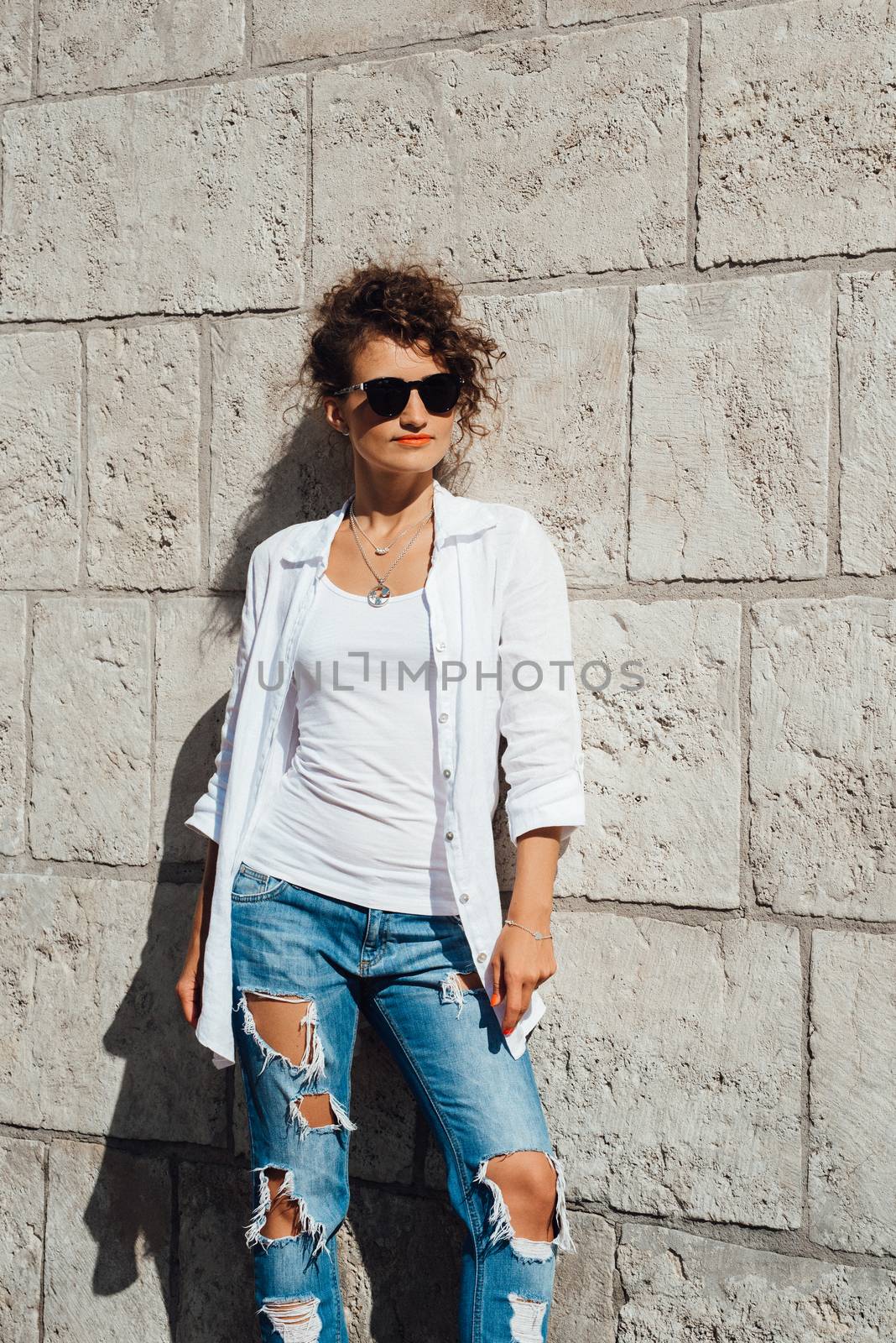 young girl walking on the old streets poland of europe