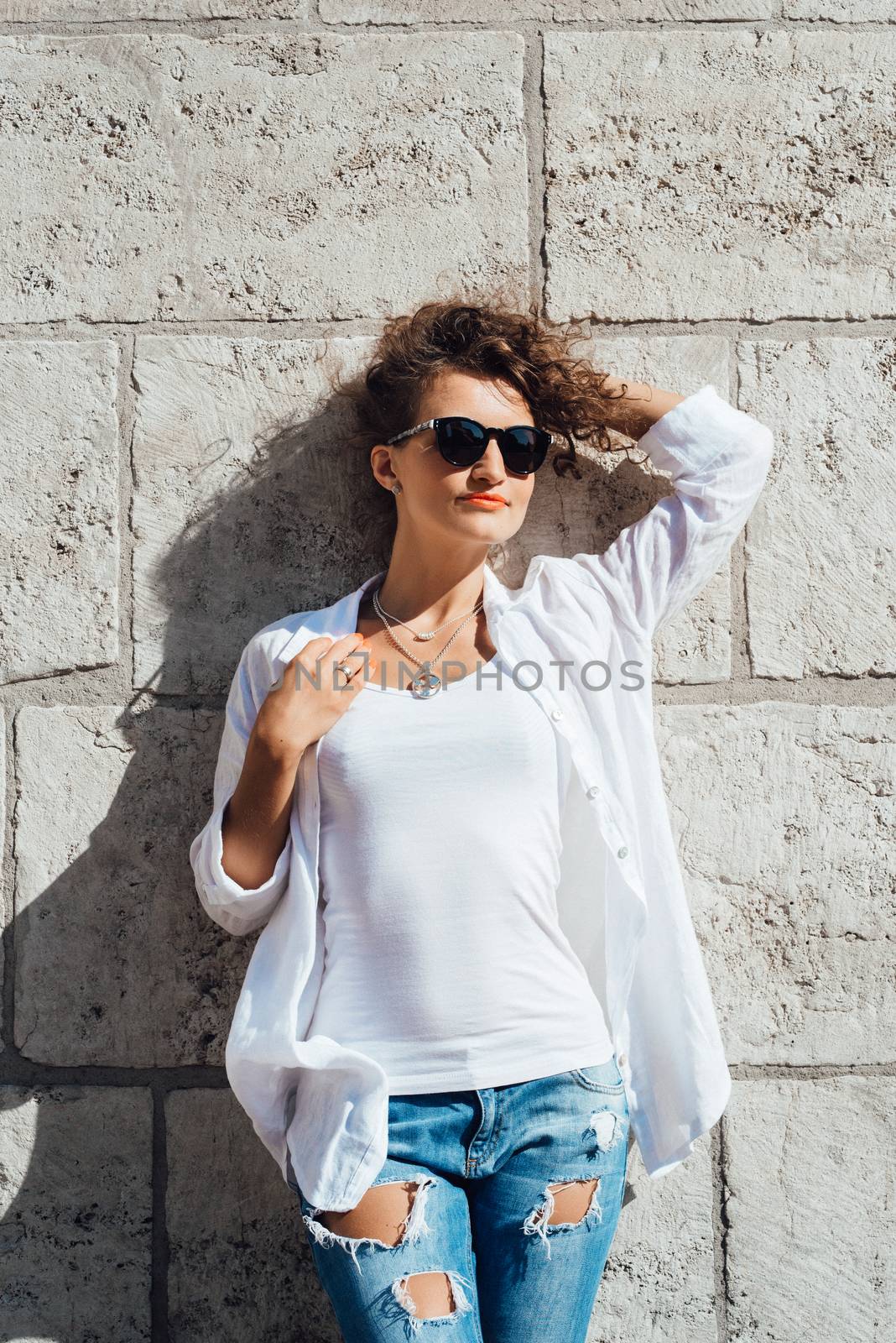 young girl walking on the old streets poland of europe