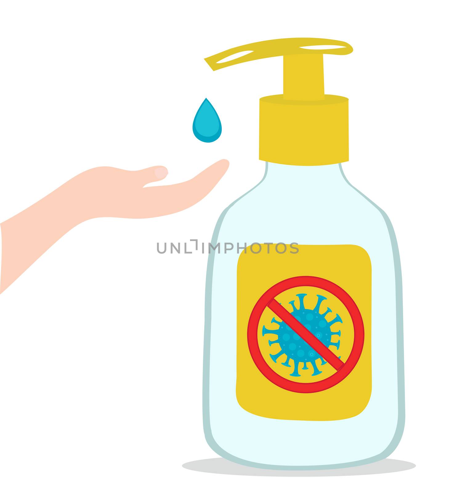 Hand sanitizers kill most bacteria, fungi and stop some viruses such as coronavirus. Hygiene product. Covid-19 spread prevention. illustration.