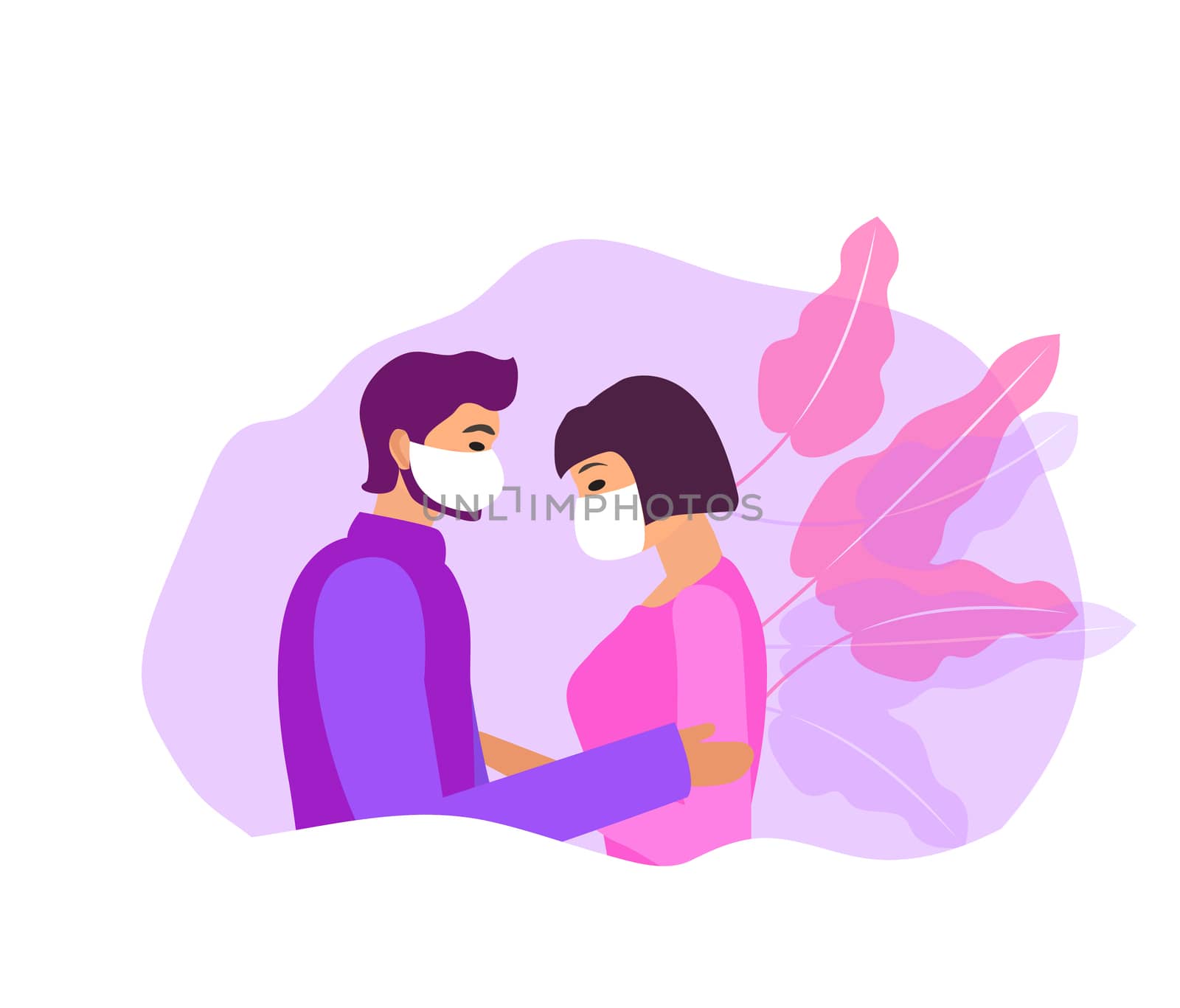 couple of lovers guy and a girl in protective masks. coronavirus concept. illustration by lucia_fox