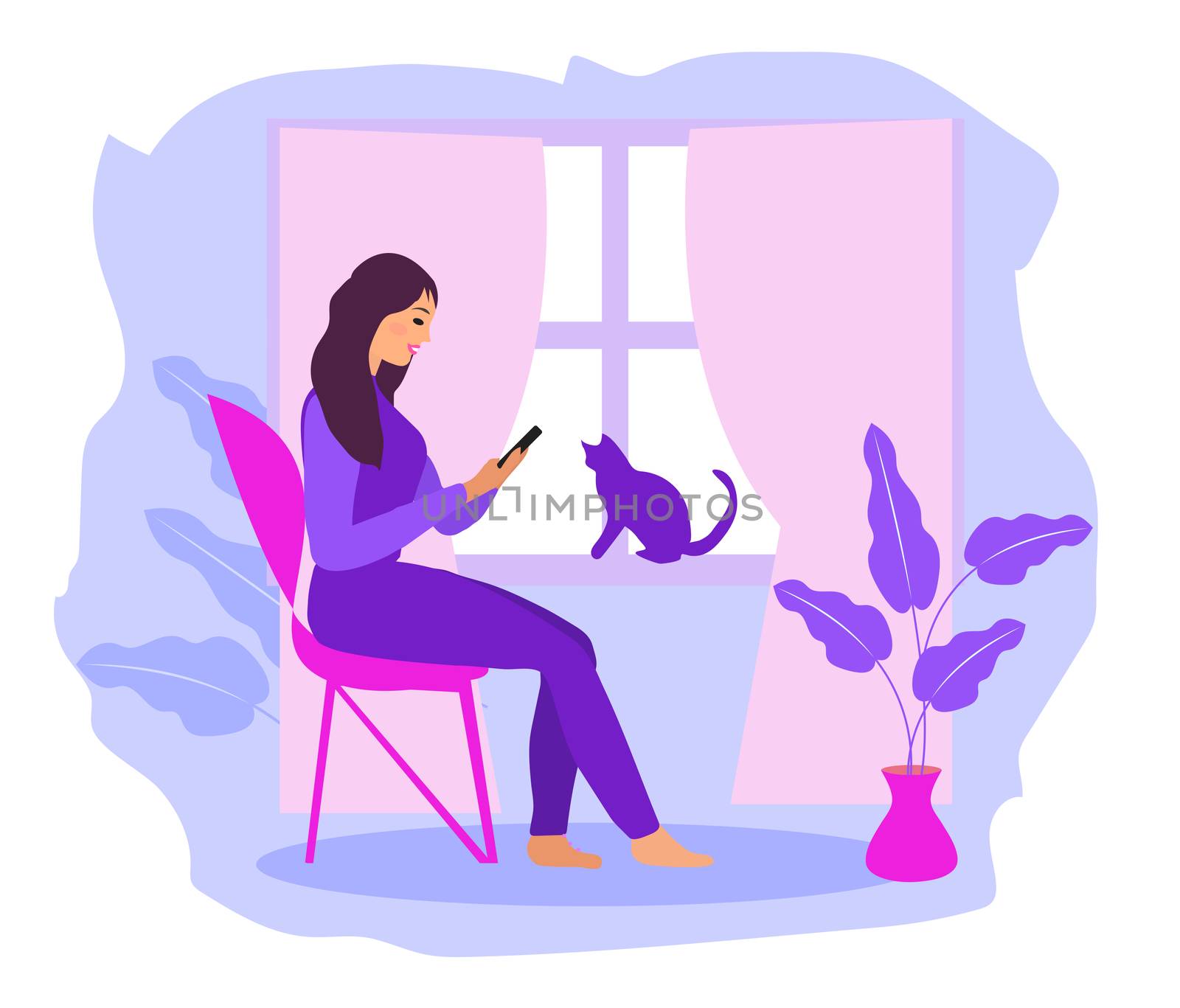Work at home, freelance. Girl works on a smartphone near the window. A young woman sits on a chair in the house, a cat at the window. illustration.