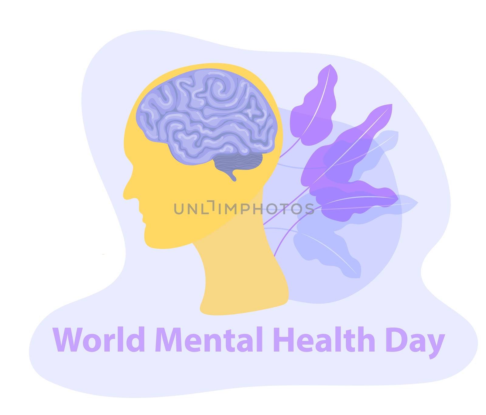 World Mental Health Day. Silhouette of a man's head with brain. Isolated on a white background. illustration.