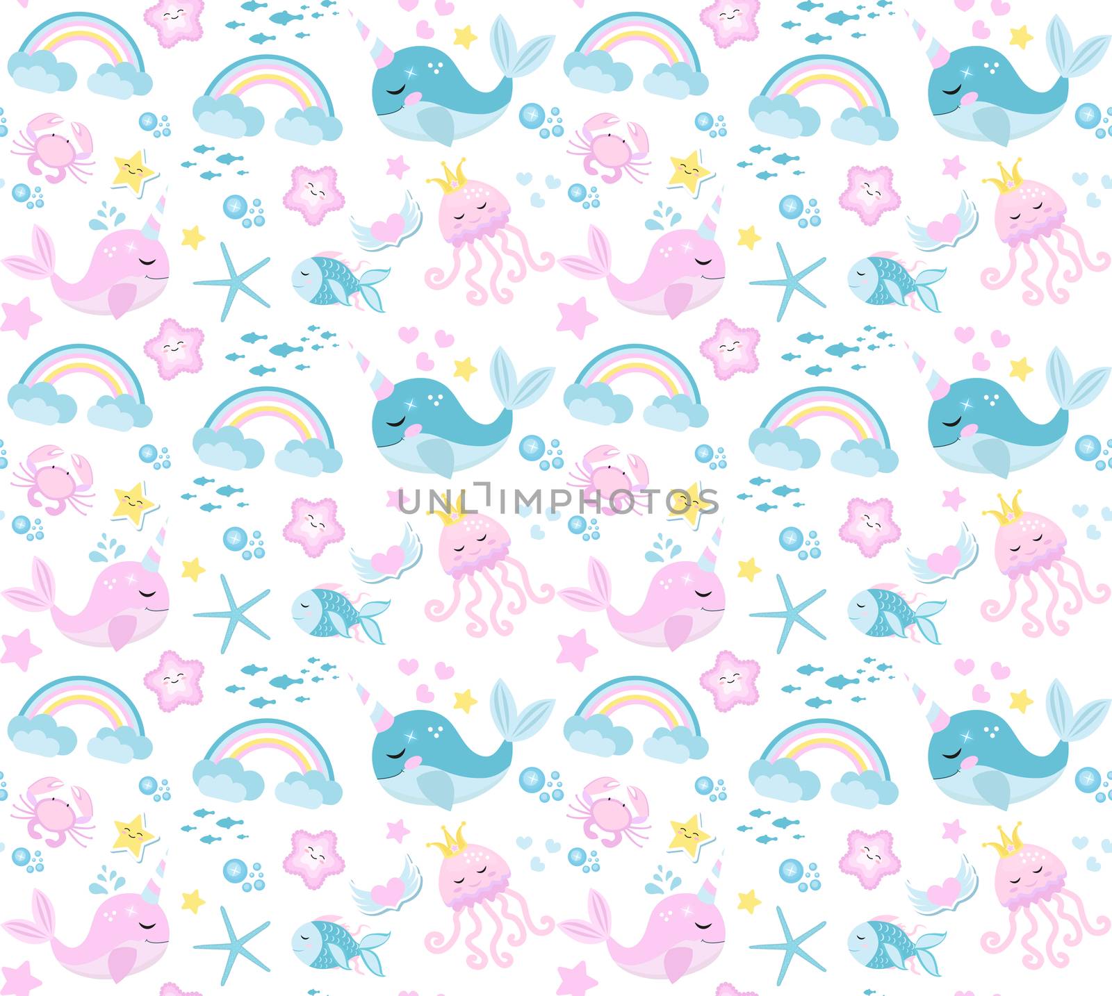 Little whale unicorn, seamless pattern, modern cartoon style. illustration. by lucia_fox