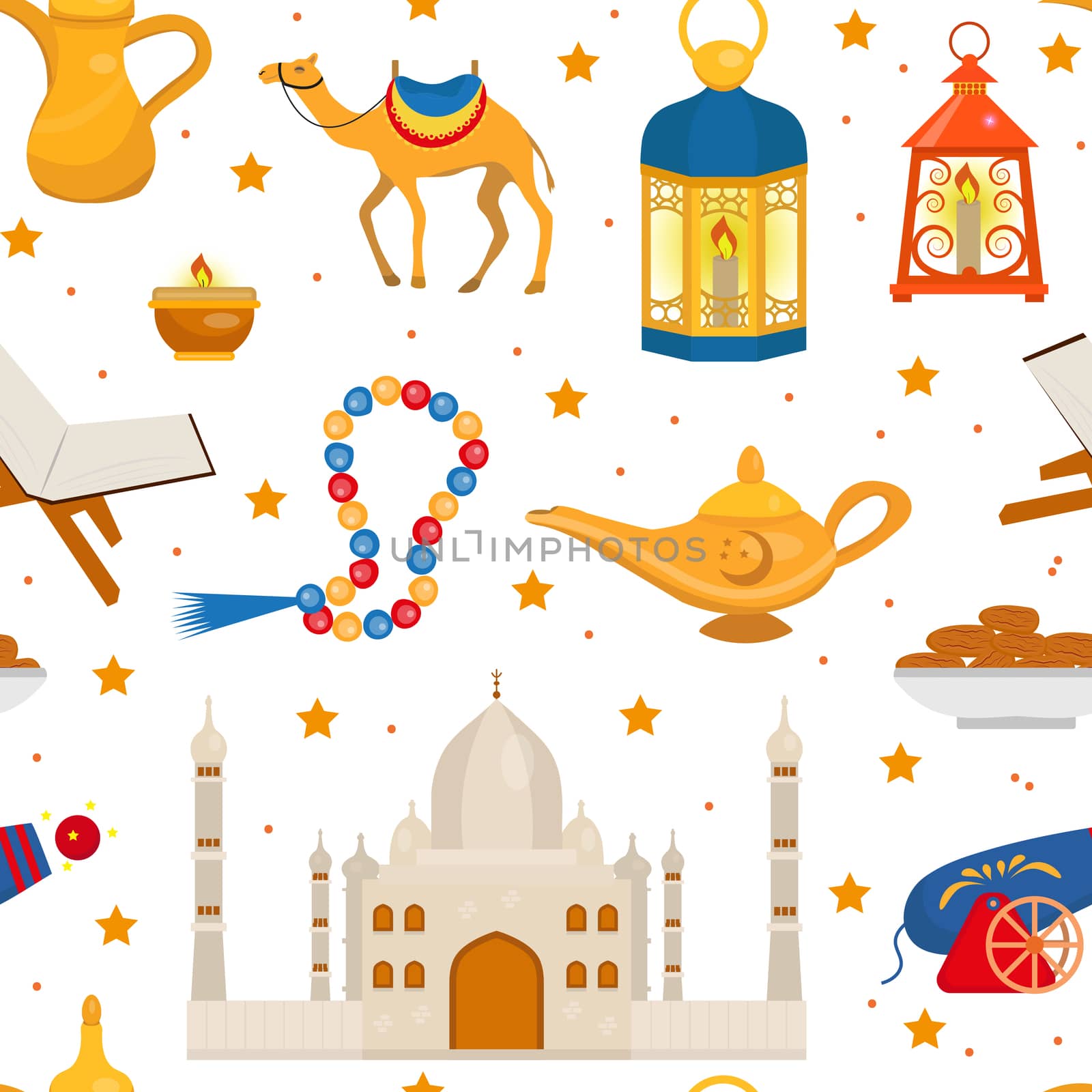 Ramadan kareem seamless pattern with arabic design elements camel, quran, lanterns, rosary, food, mosque. illustration by lucia_fox