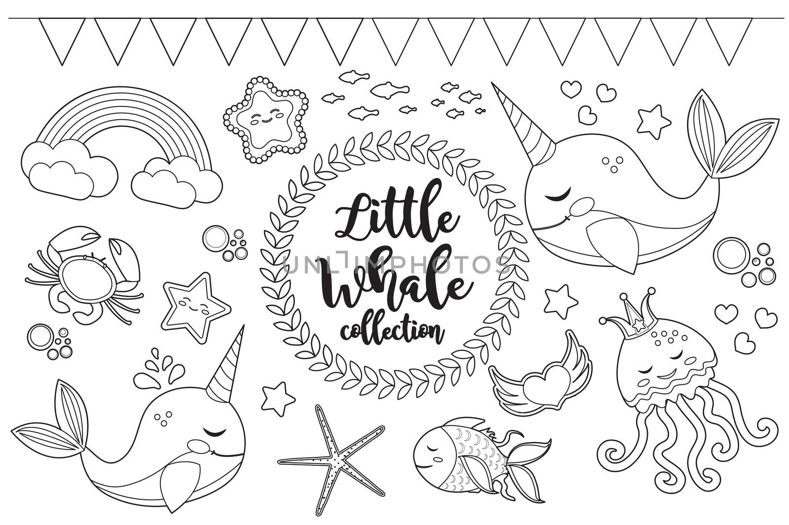 Little whale unicorn set Coloring book page for kids. Collection of design element sketch outline style. Kids baby clip art funny smiling kit. illustration.