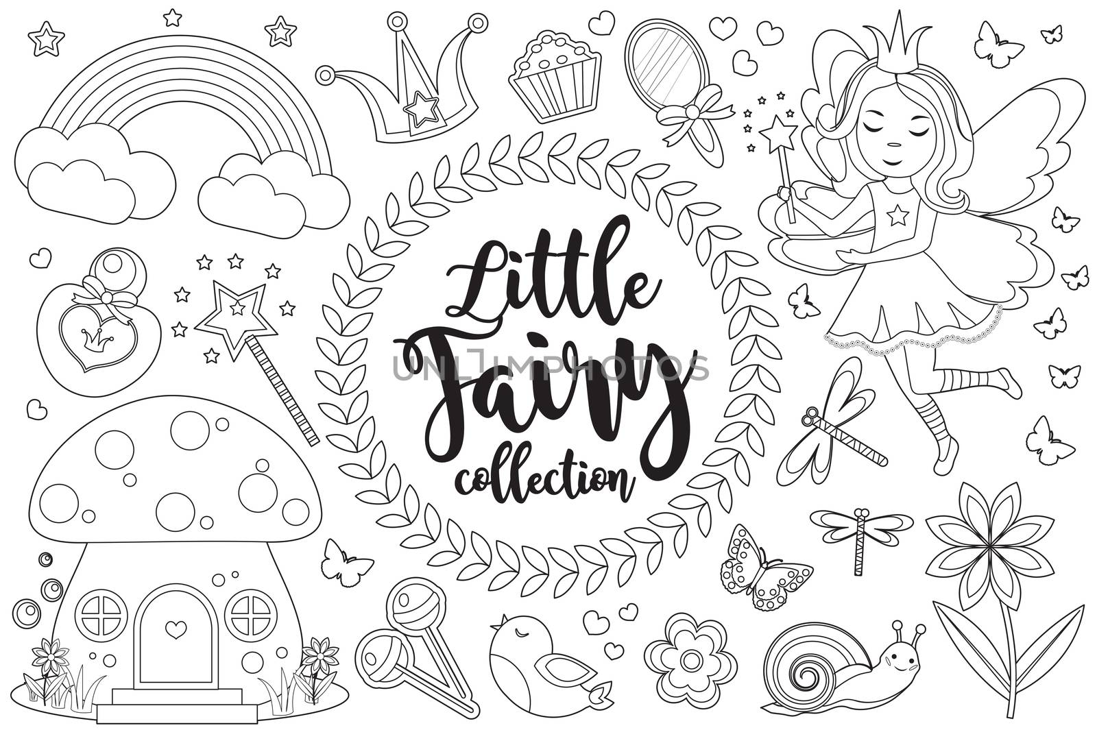 Cute little fairy set Coloring book page for kids. Collection of design element sketch outline style. Kids baby clip art funny smiling kit. illustration.