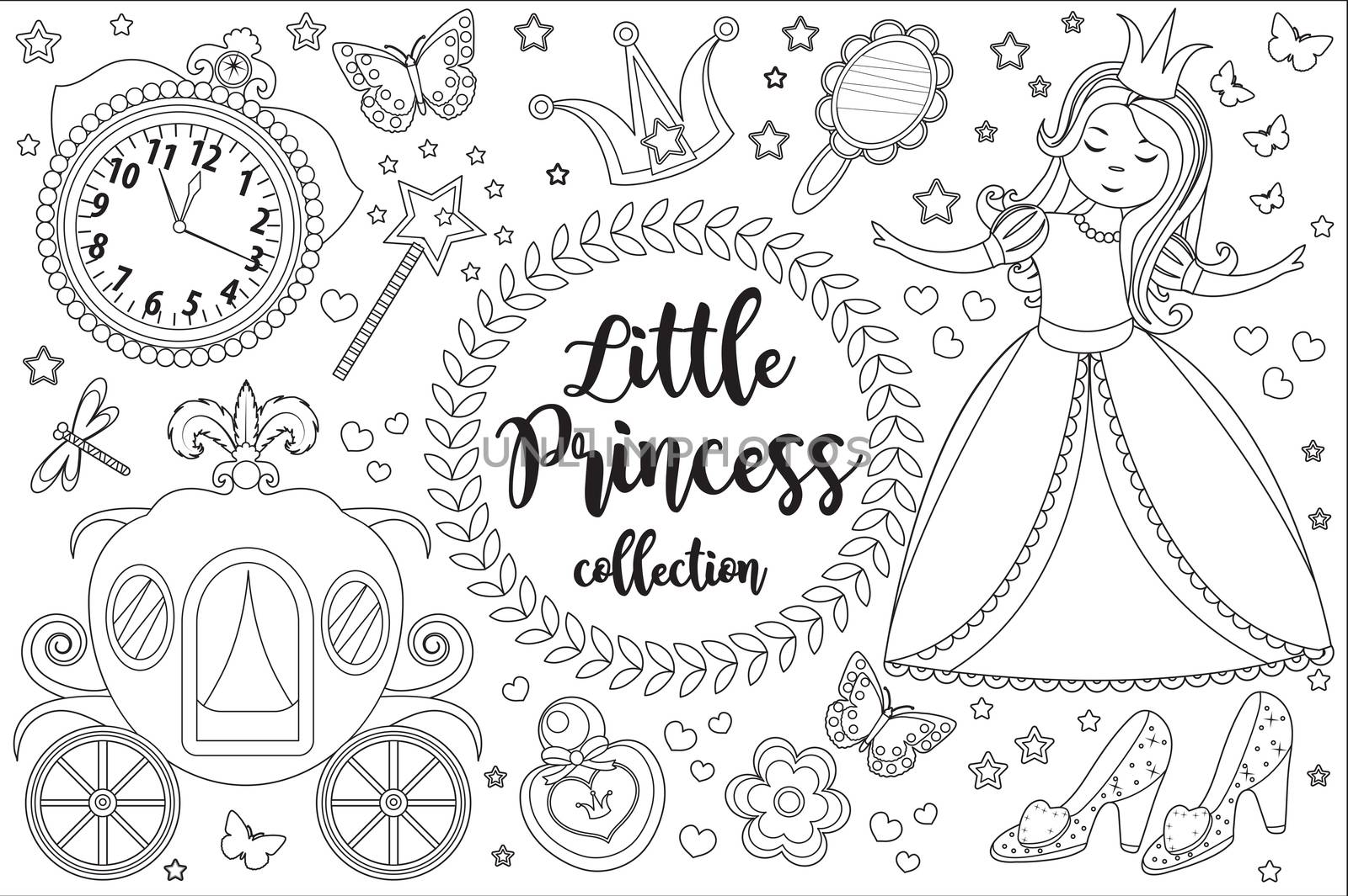 Cute little princess Cinderella set Coloring book page for kids. Collection of design element sketch outline style. Kids baby clip art funny smiling kit. illustration by lucia_fox