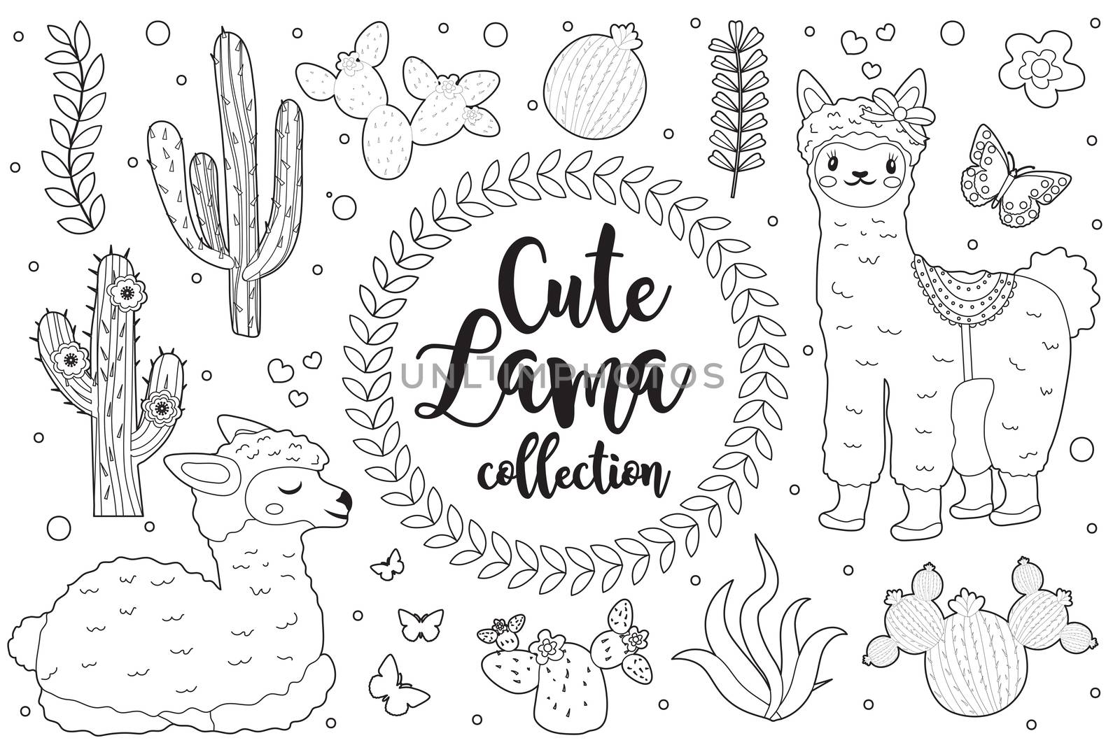 Cute little llama set Coloring book page for kids. Collection of design element sketch outline style. Kids baby clip art funny smiling kit. illustration by lucia_fox