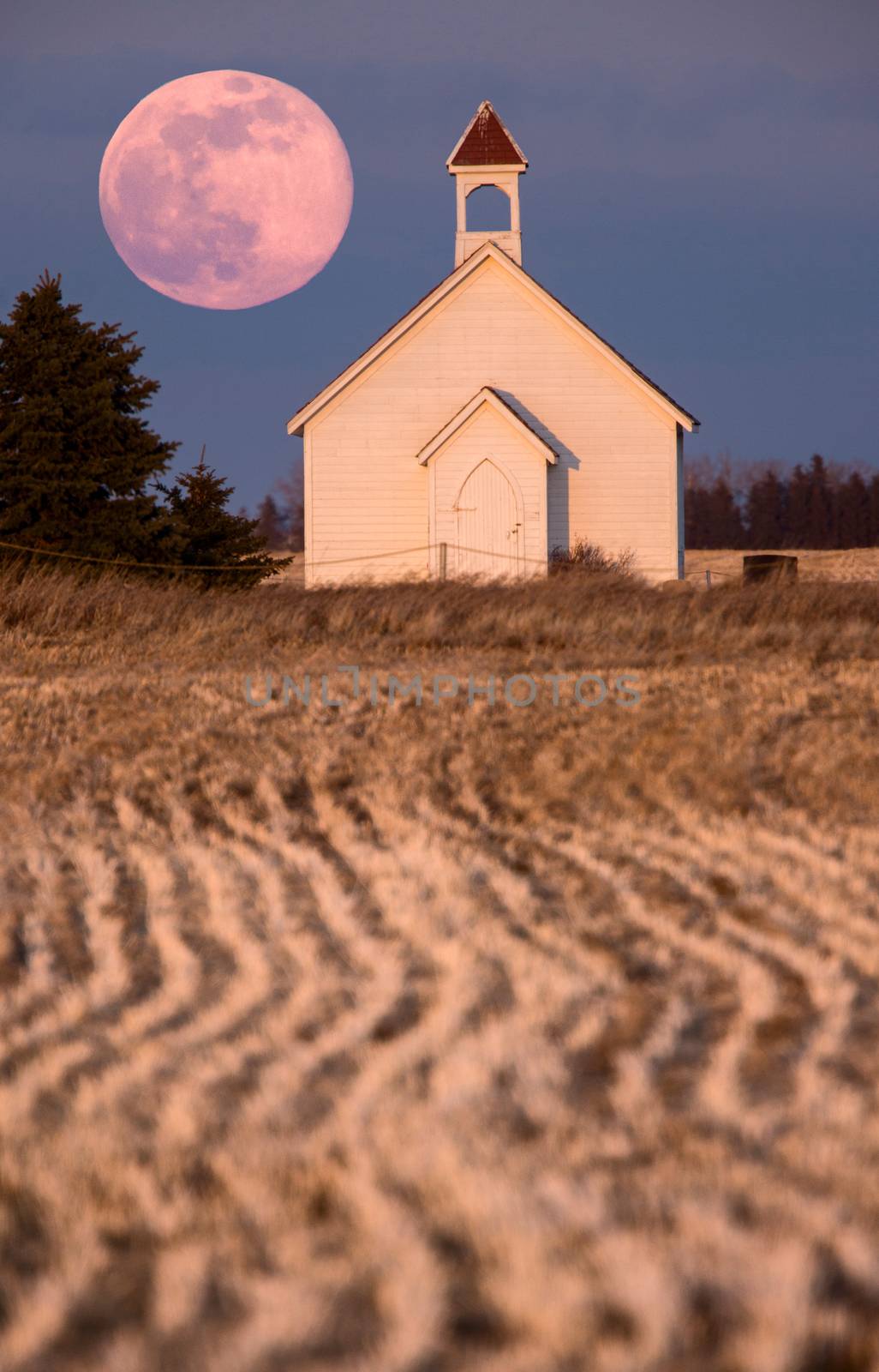 Full Pink Moon and Country Church Saskatchewan