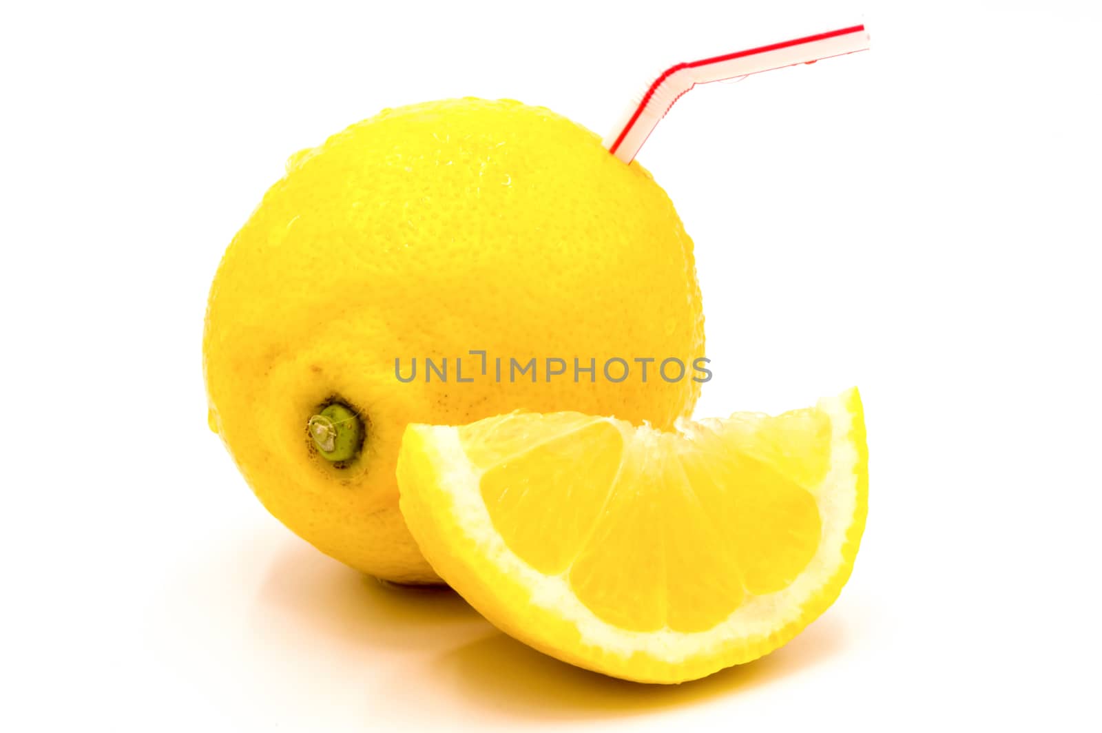 Isolated lemon juice. A whole and a half of lemon with straw, concept of natural fresh fruit juice isolated on white background with clipping path