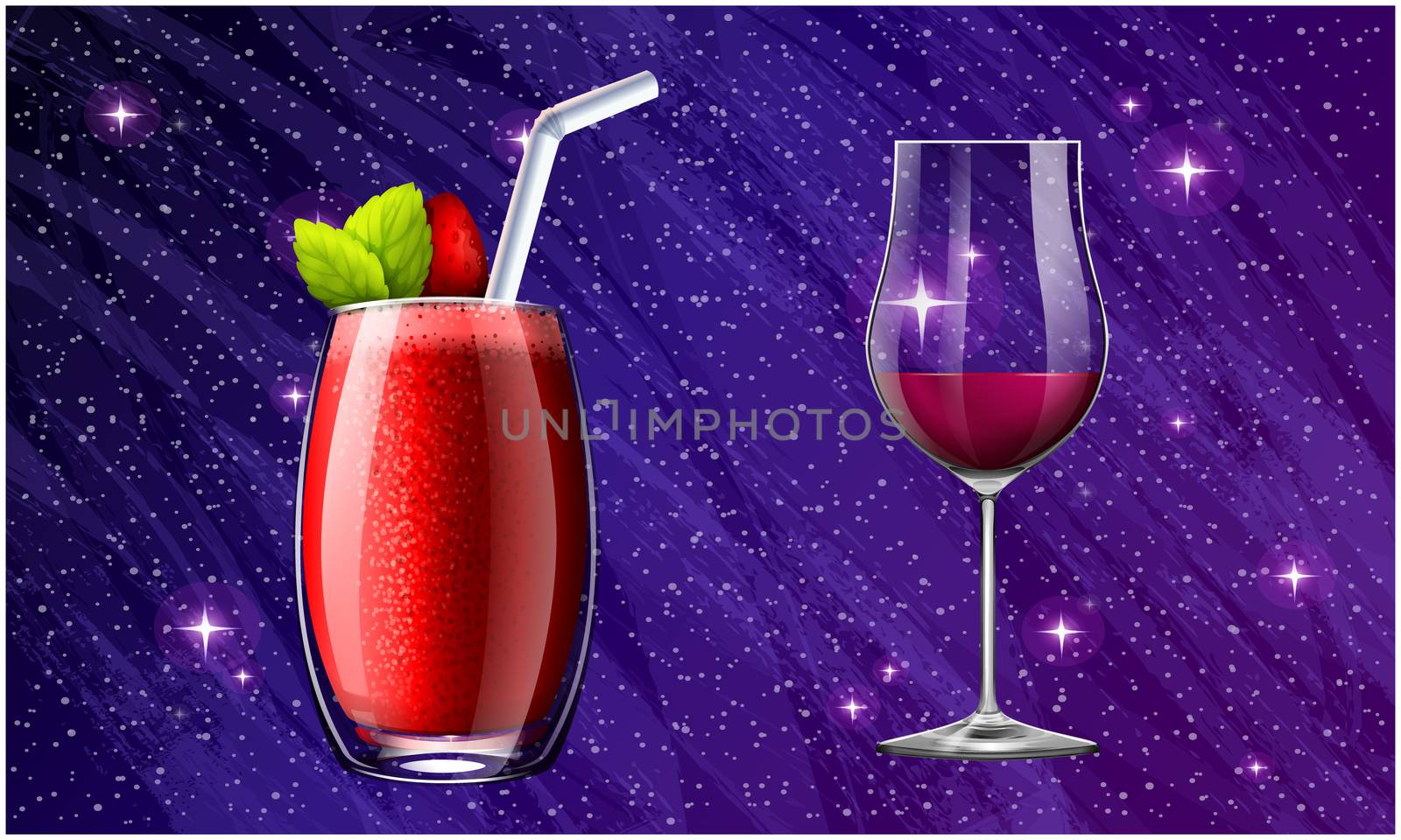 different types of strawberry juice glass on abstract background