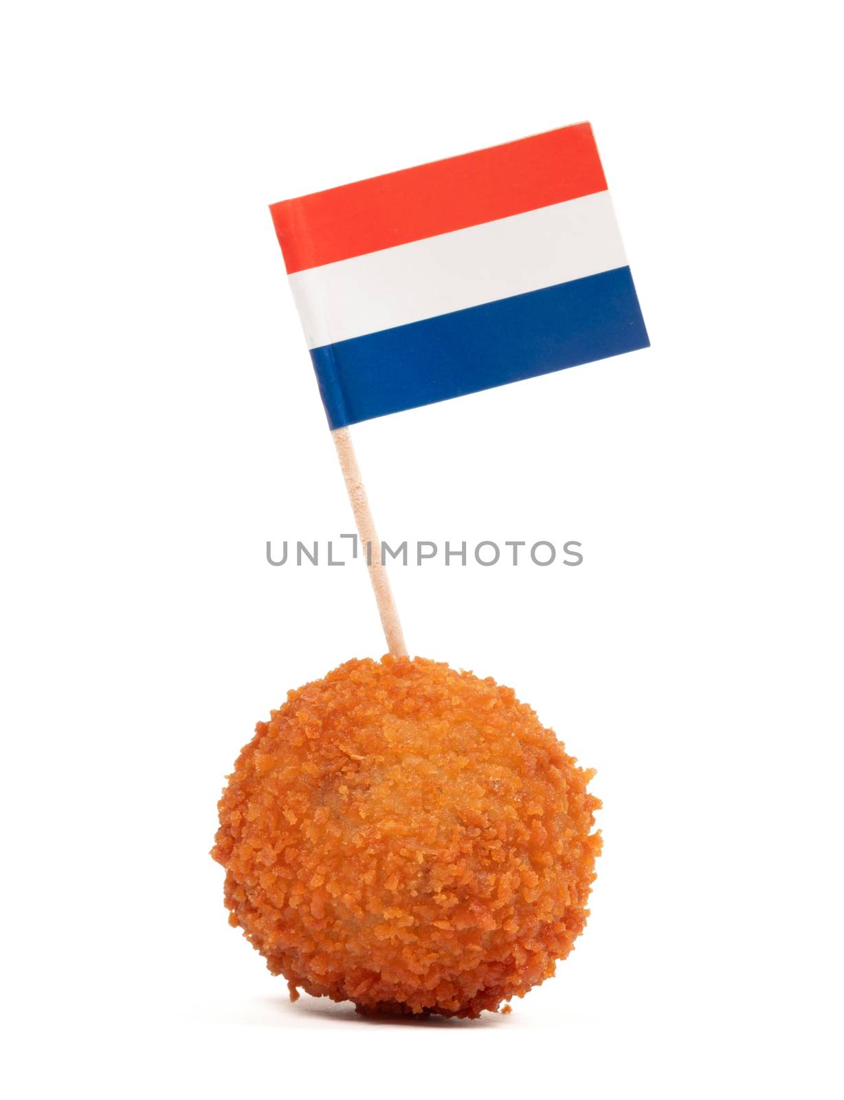 Single dutch traditional snack bitterbal with a dutch flag, isolated