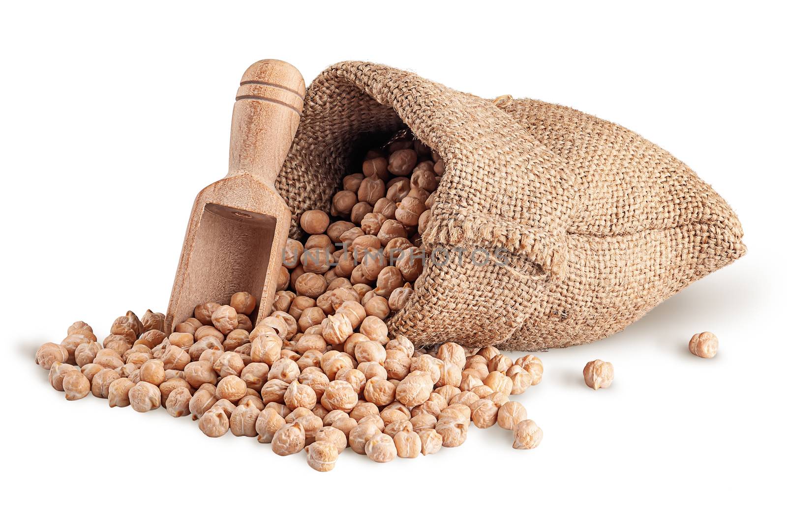 Chickpea spill out of the sack and wooden scoop on white background