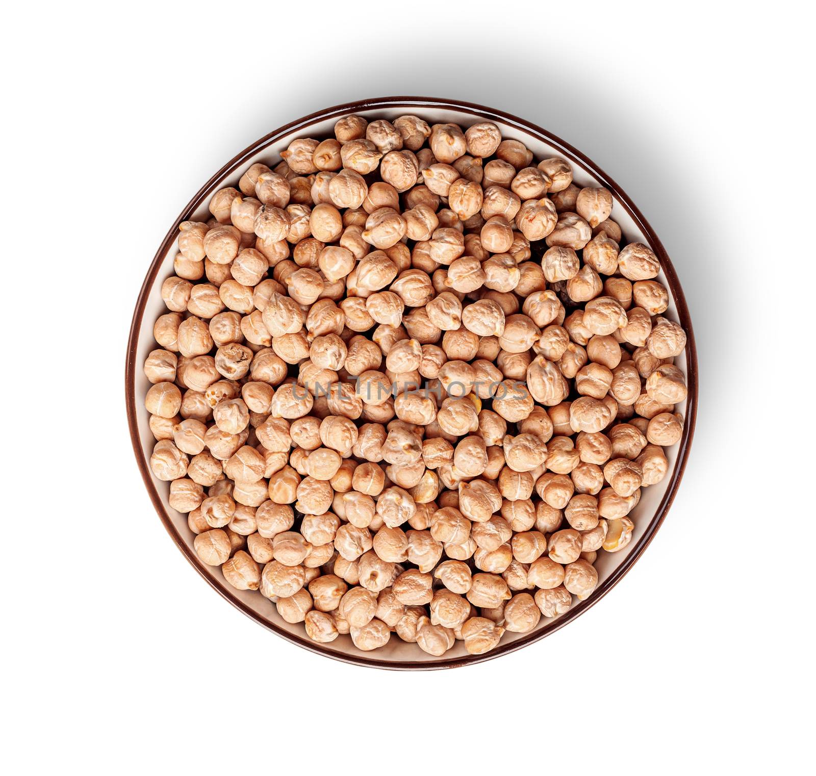Chickpeas in a bowl top view isolated on white background